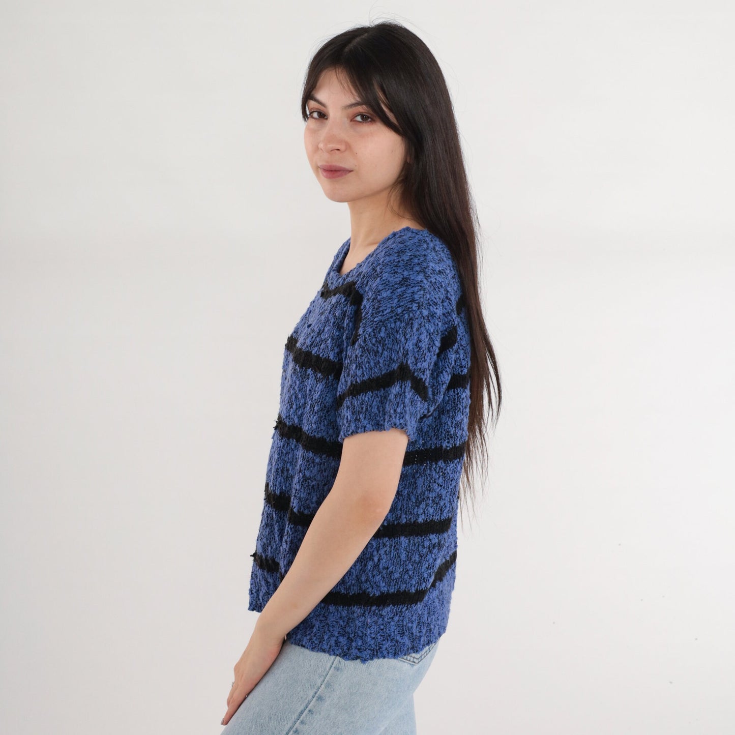 90s Striped Knit Sweater Top Blue Black Short Sleeve Medium M