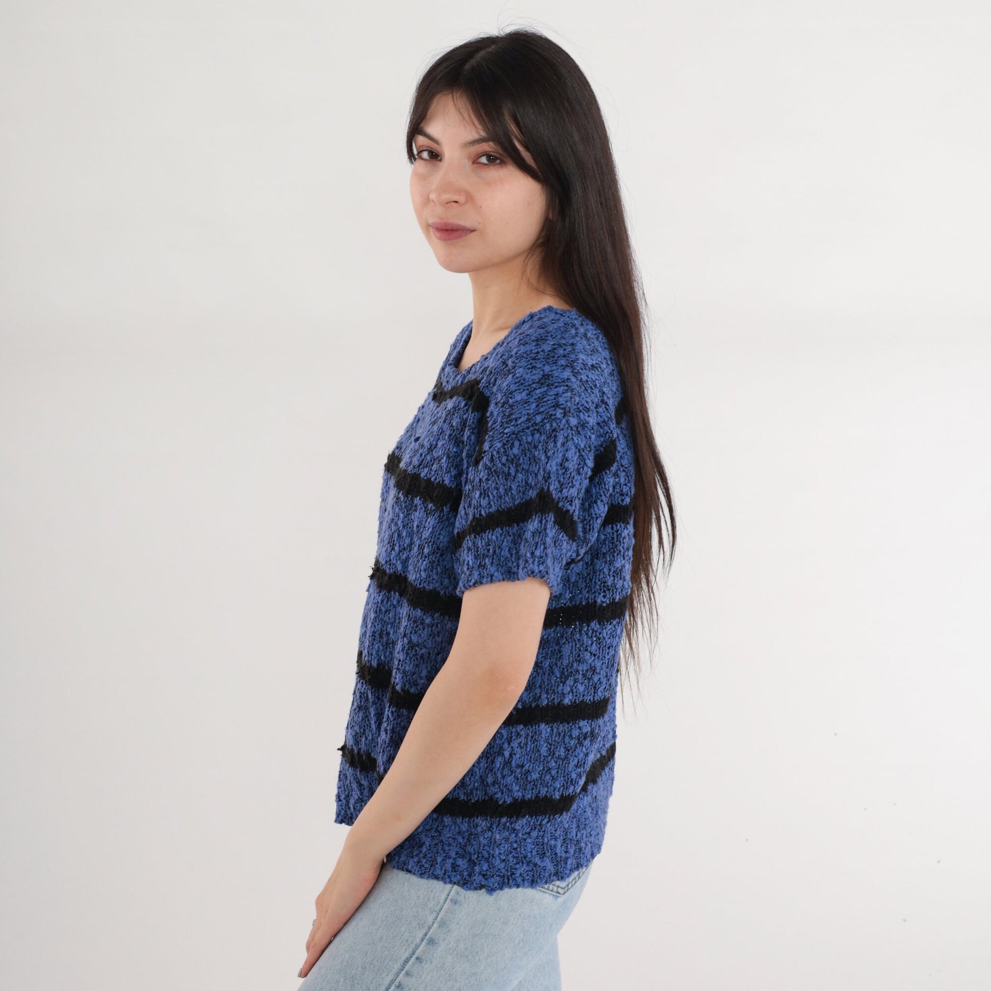 90s Striped Knit Sweater Top Blue Black Short Sleeve Medium M