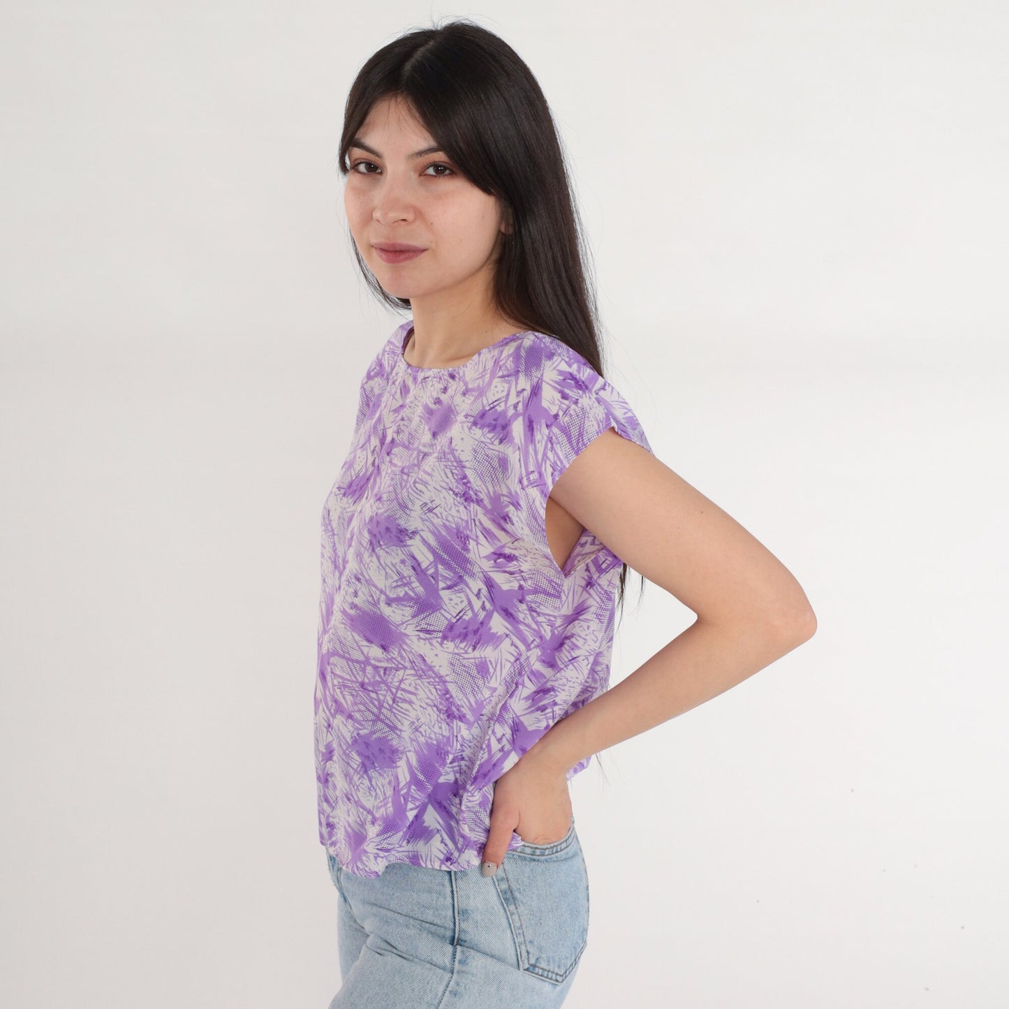 70s Abstract Purple Cream Cap Sleeve Blouse Psychedelic Print Medium