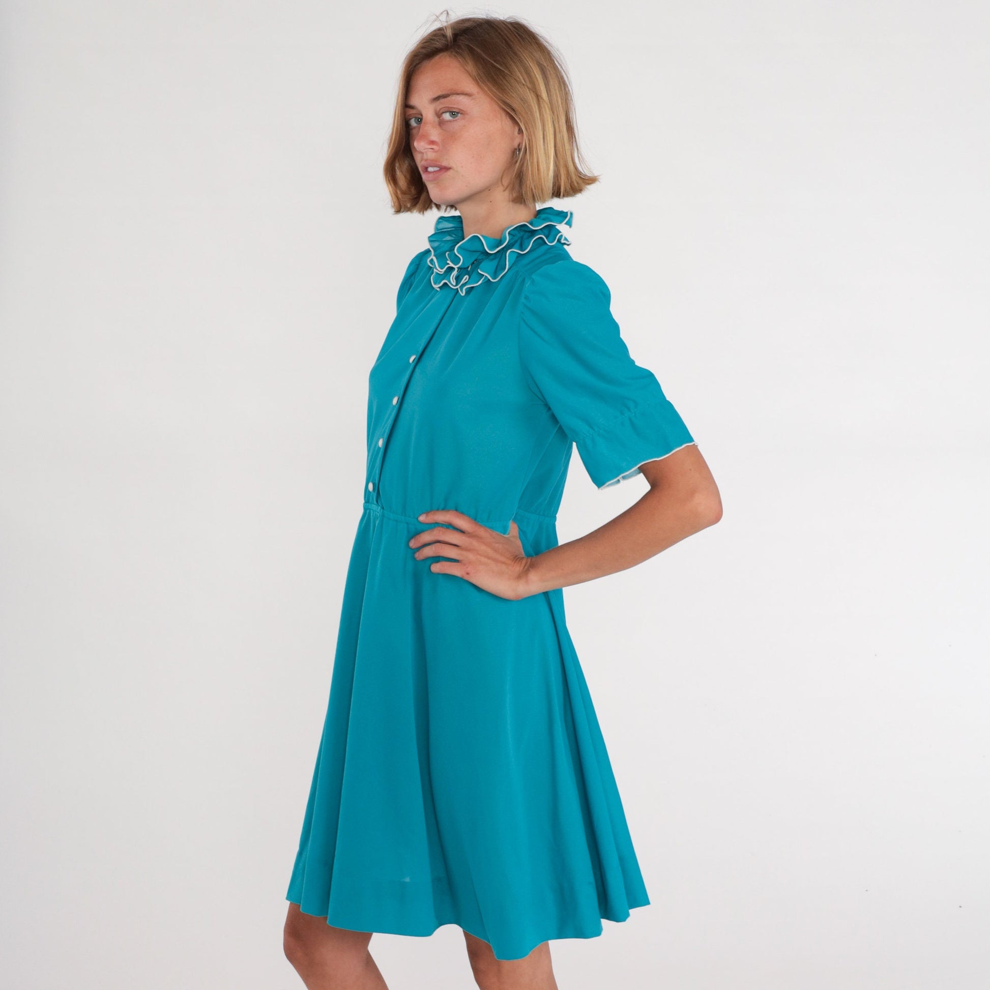70s Teal Shirtwaist Mini Dress High Ruffle Collar Button-Up Medium M