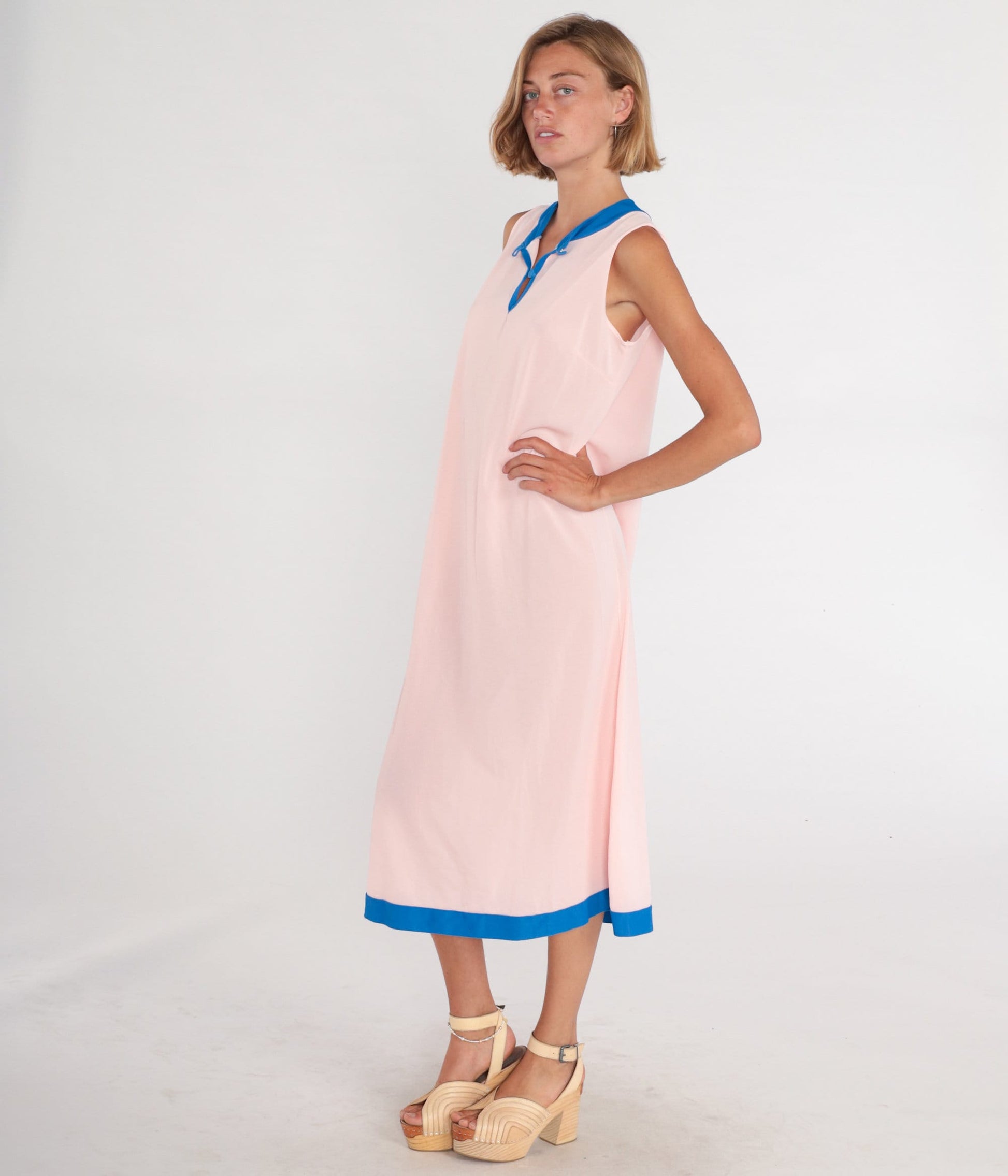 70s Pink Midi Dress Blue Trim Sleeveless Button-Up Column Large L
