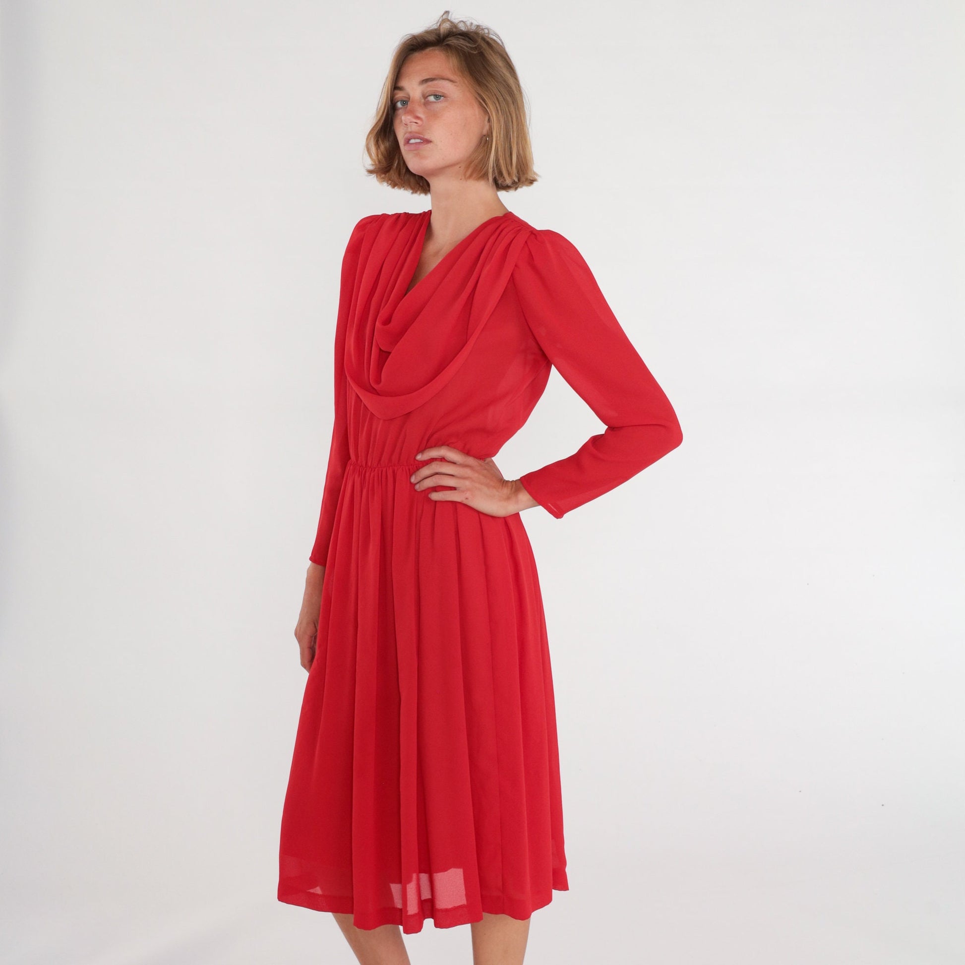 70s Red Disco Midi Dress Draped Cowl Neck Puff Sleeve High Waist Medium