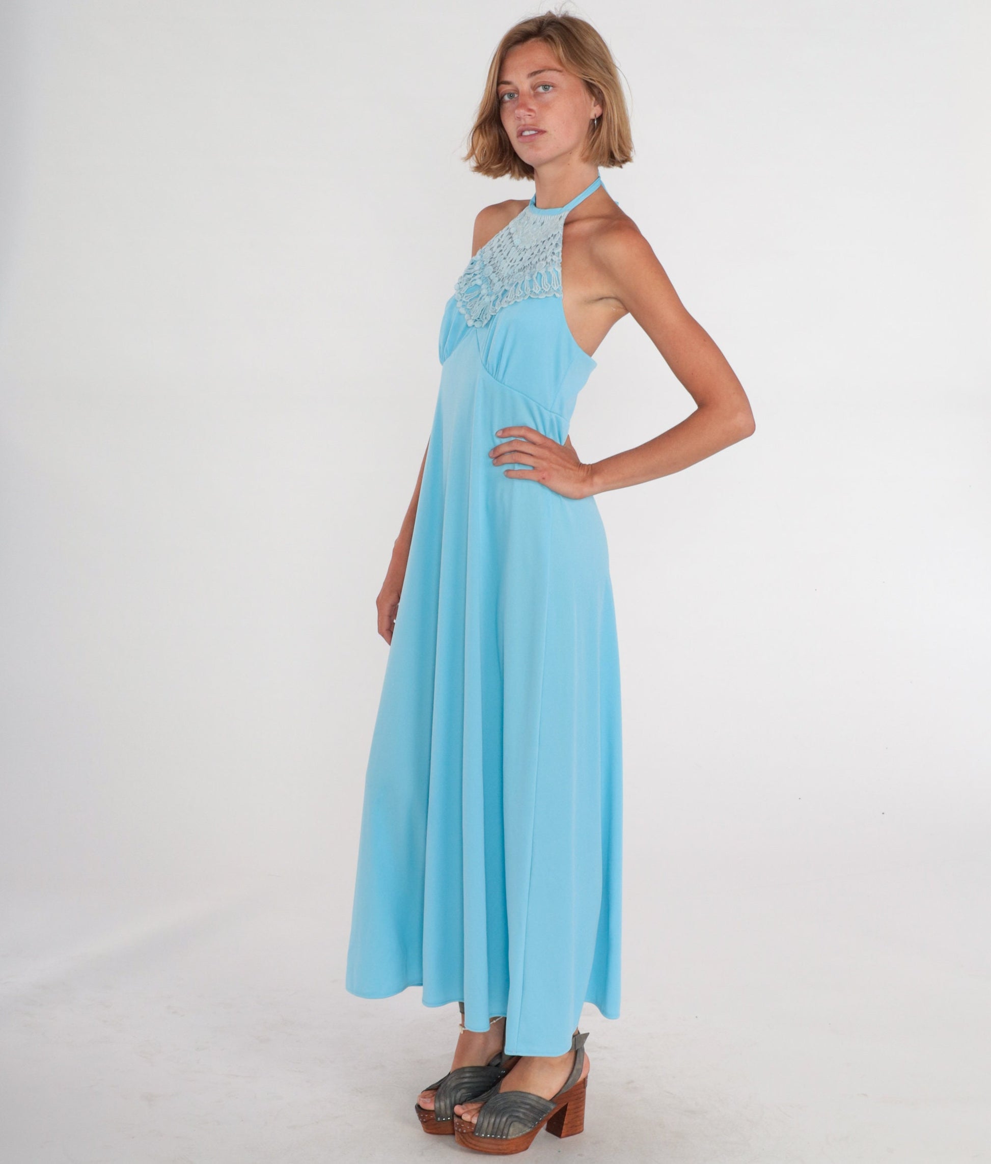 70s Blue Maxi Dress Halter Crochet Trim Open Back Empire Waist Small