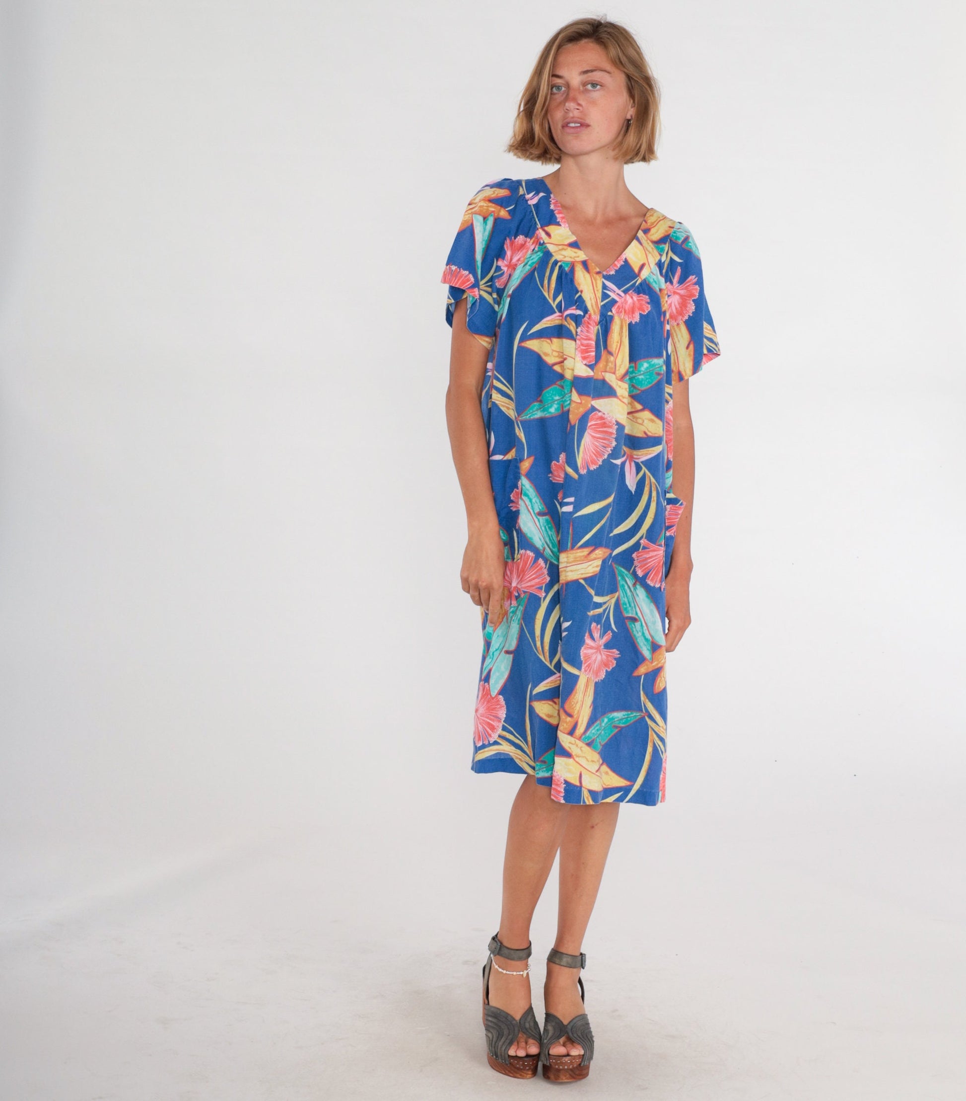 80s Hawaiian Tent Dress Blue Tropical Floral Midi Short Sleeve Extra Large