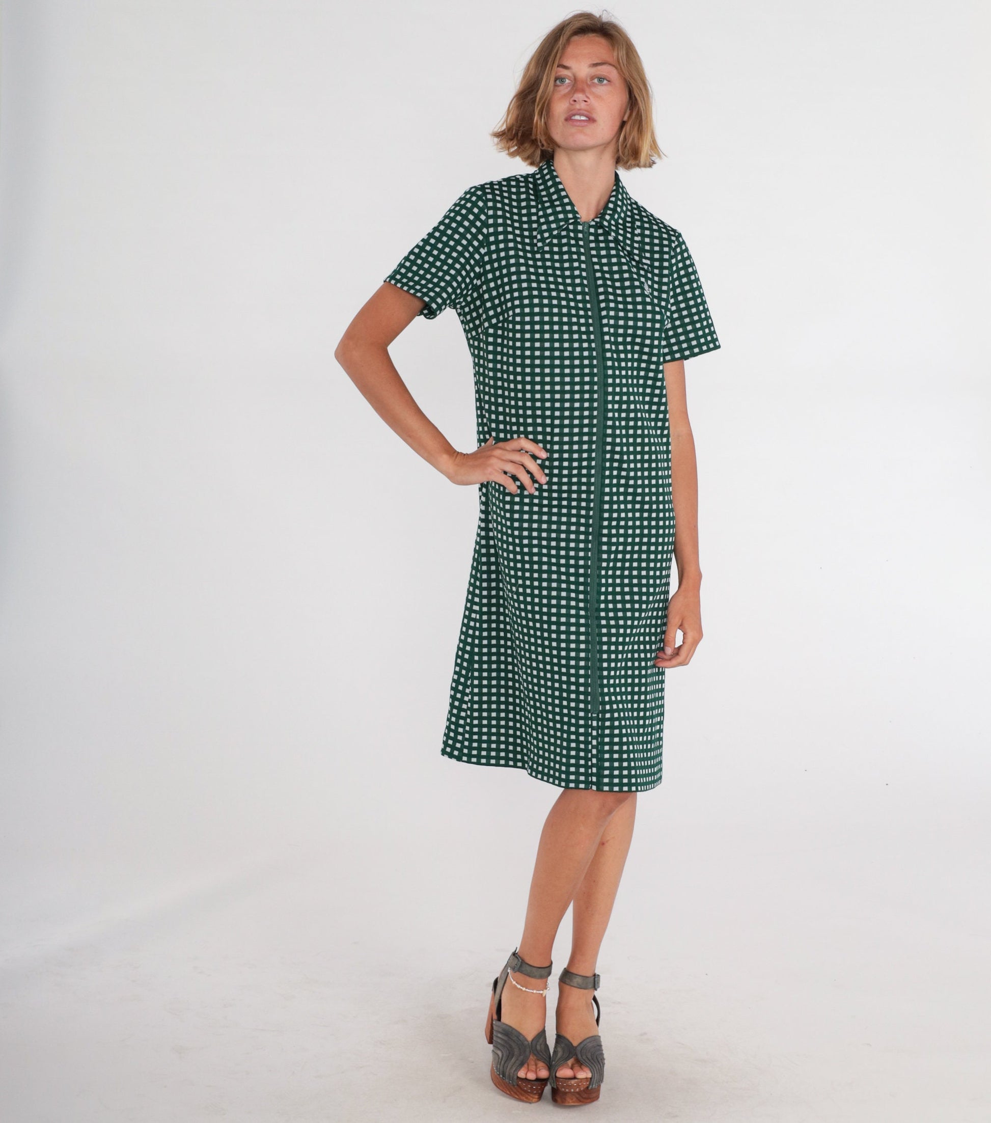 70s Mod Checkered Shift Dress Green White Dagger Collar Zip Front Knee Length Large L
