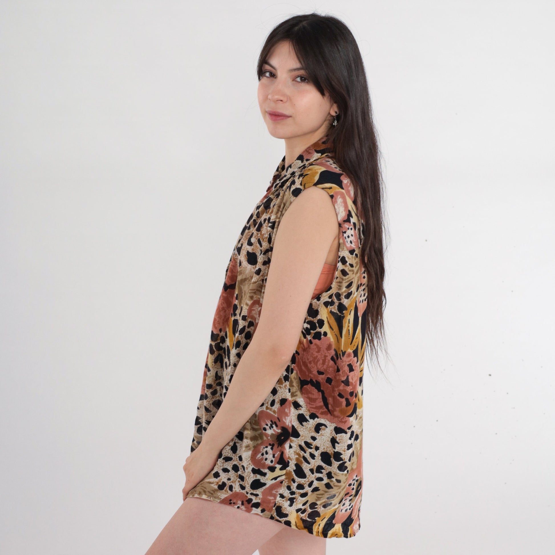 90s Leopard & Tropical Leaf Print Sleeveless Blouse Brown Rayon Medium