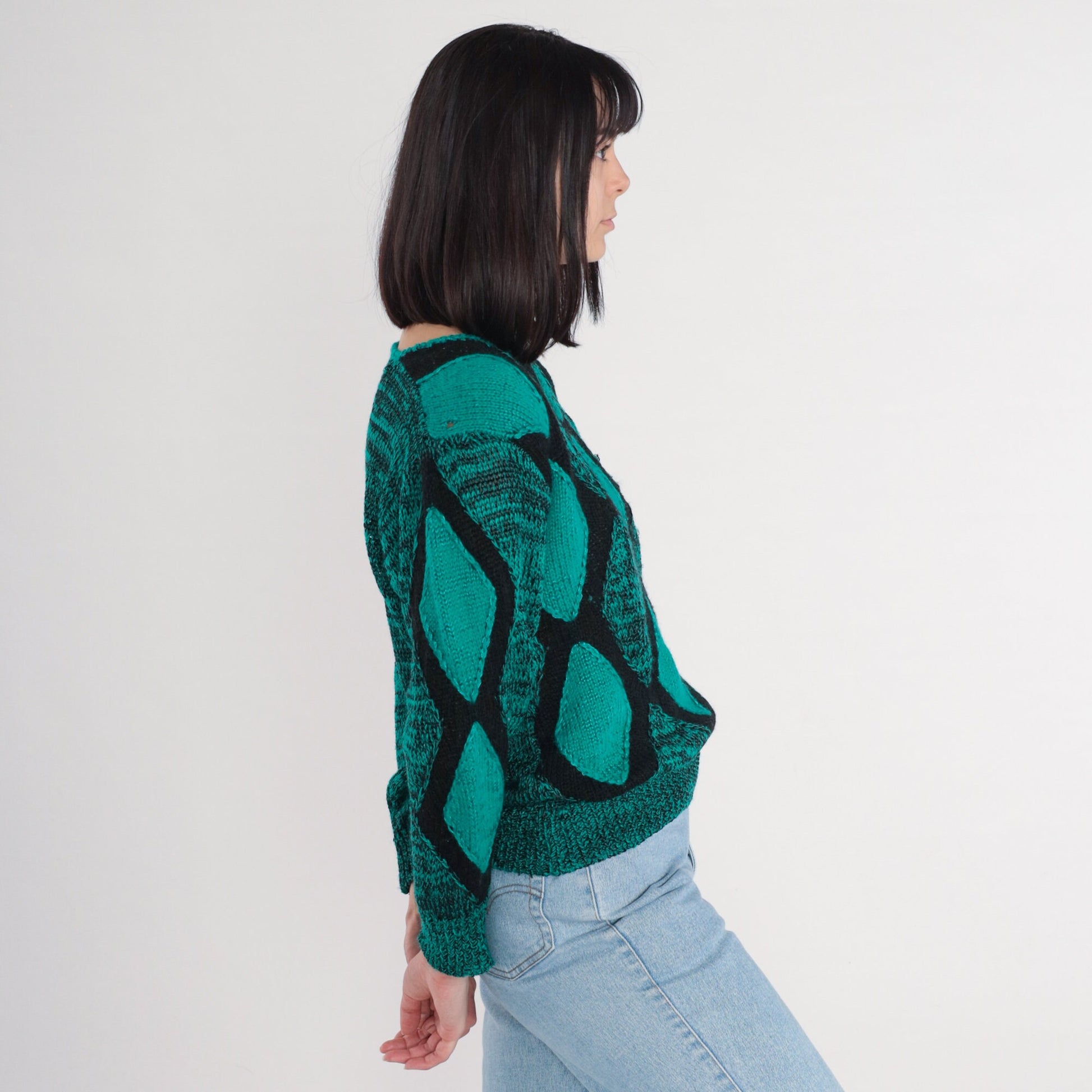 80s Diamond Sweater Black Green Keyhole Cutout Wool Blend Pullover Large