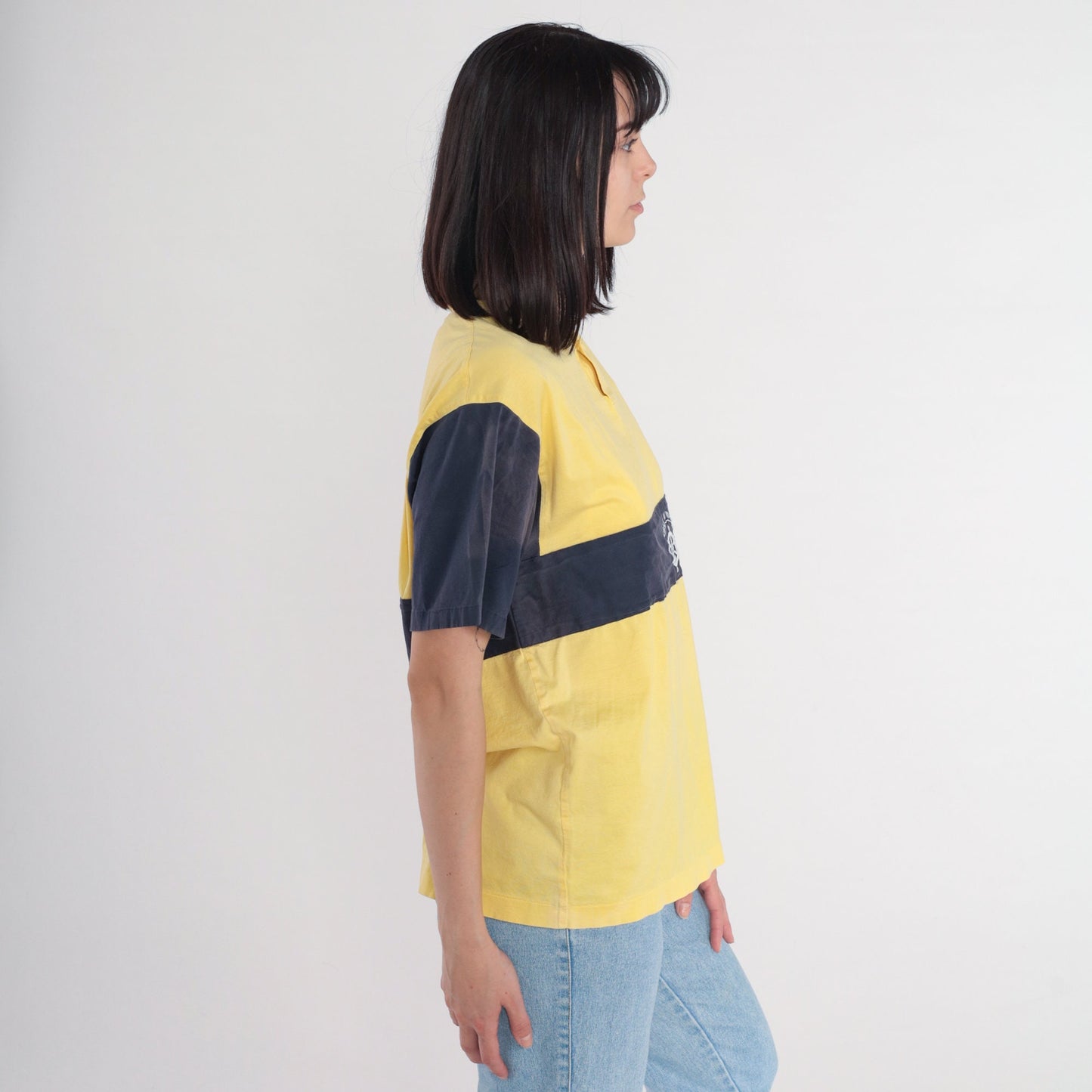 80s Cala Di Volpe Striped Henley Tee Yellow Navy Ships Helm Embroidered Large