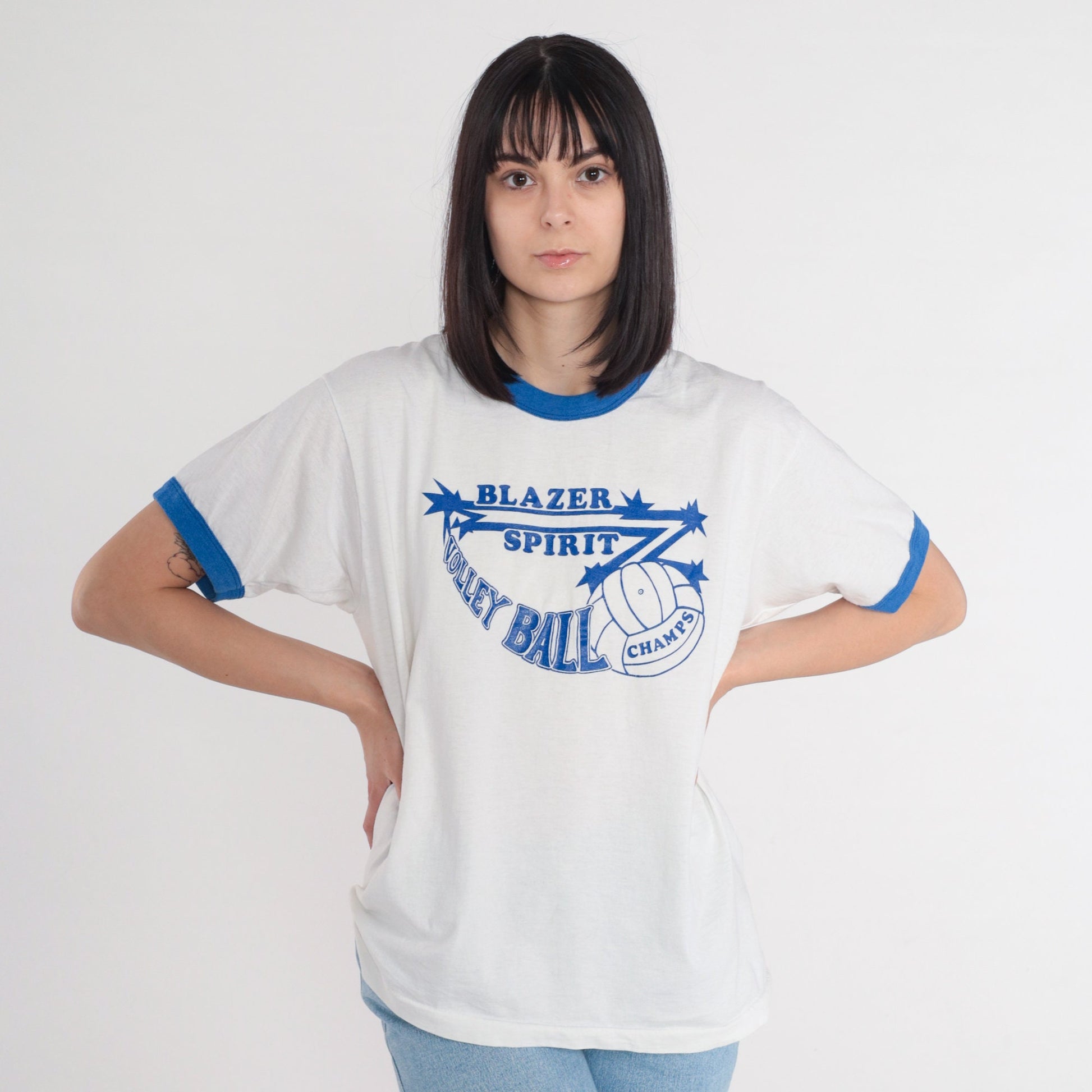 90s Screen Stars UAB Volleyball Ringer Tee White Blue Trim Extra Large XL