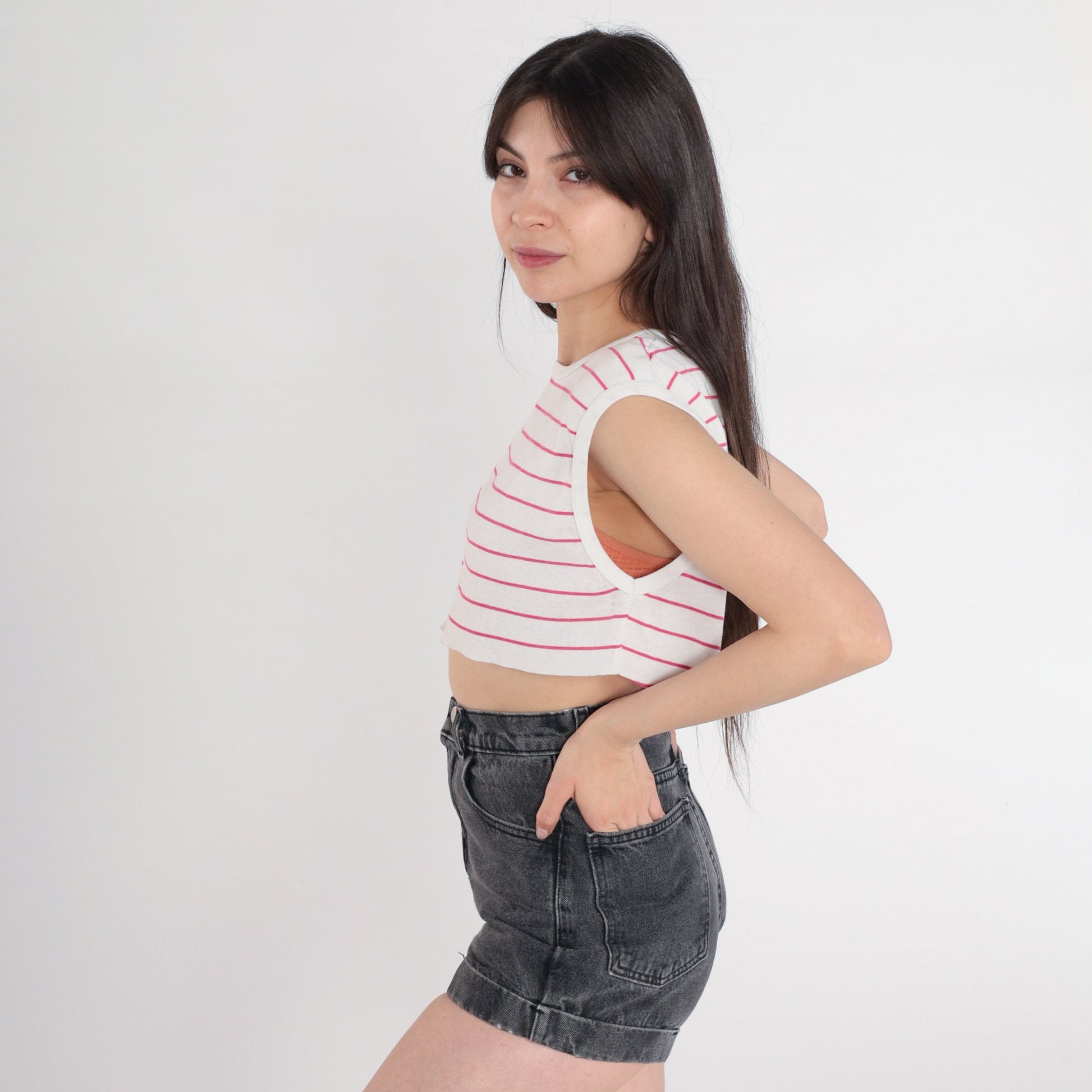 80s Striped Crop Tank Top White Pink Raw Hem Cutoff Small Medium