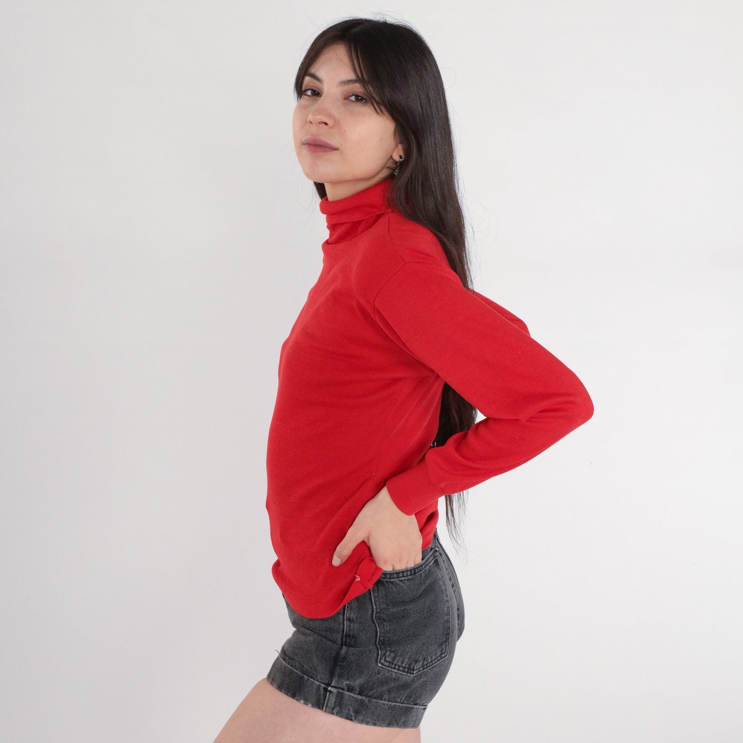80s Red Turtleneck Long Sleeve Pullover Top Medium