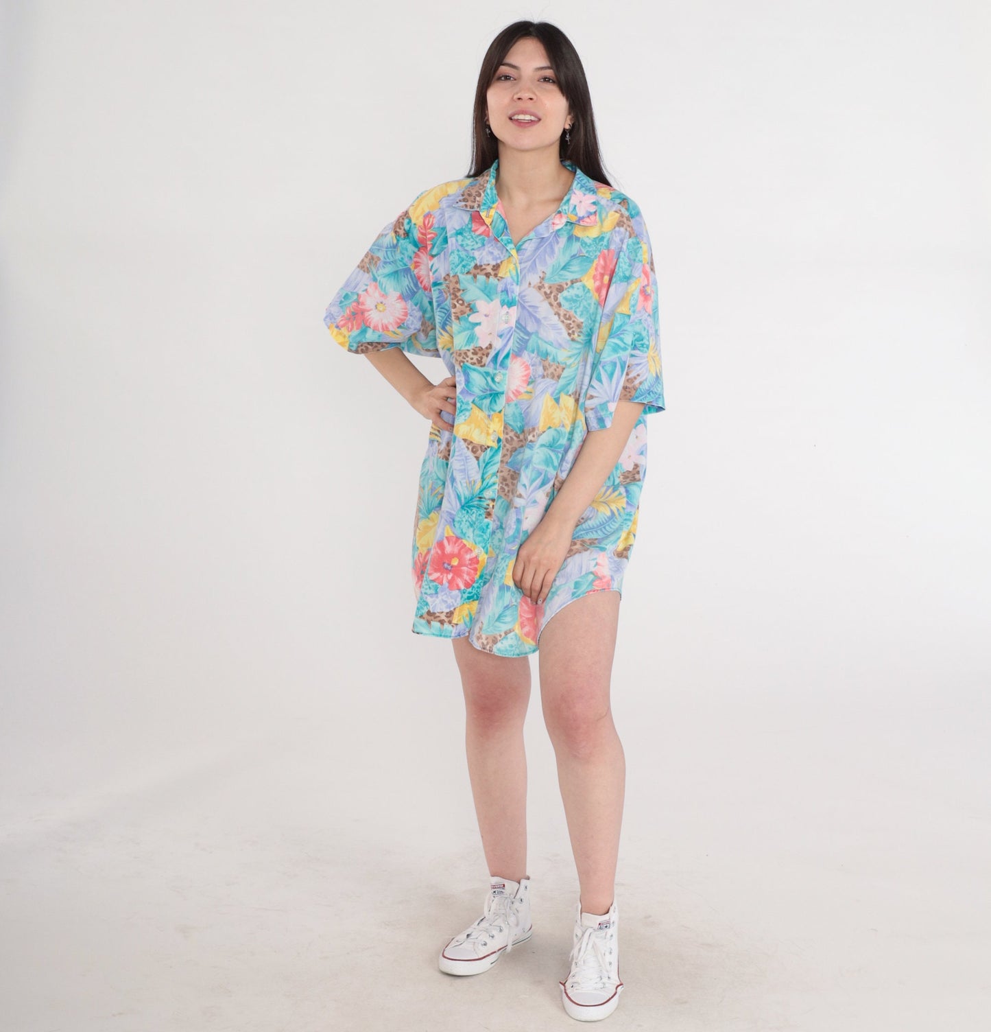 90s Tropical Leopard Floral Button-Up Blouse Turquoise Plus Size XXL