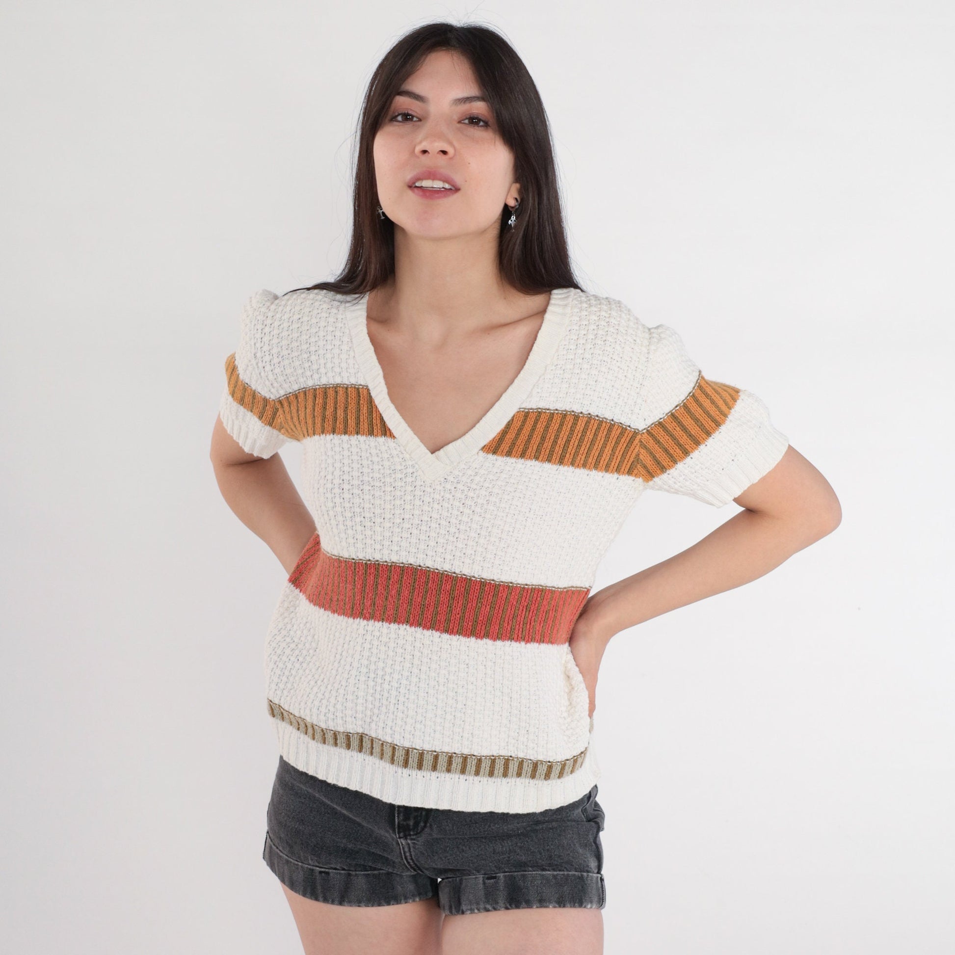 80s Striped V-Neck Knit Sweater Top White Red Orange Olive Small