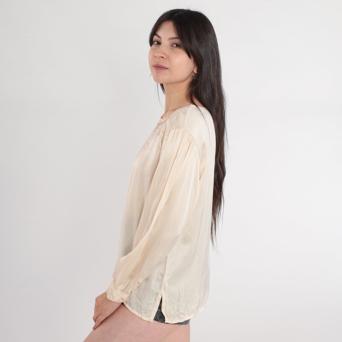 80s Cream Floral Embroidered Cutout Blouse Pink Flowers Medium