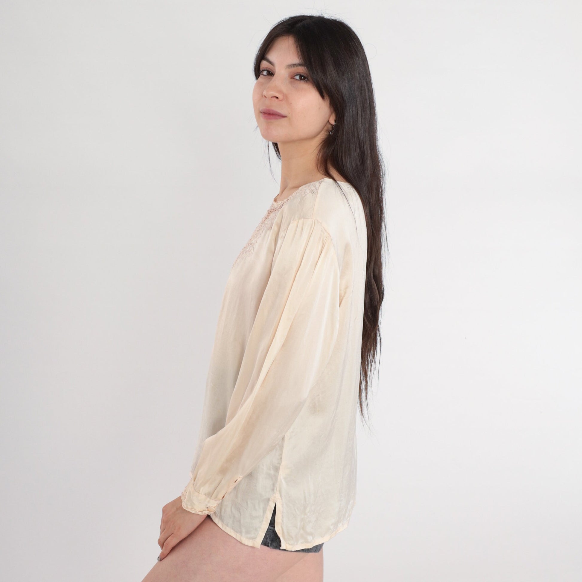 80s Cream Floral Embroidered Cutout Blouse Pink Flowers Medium