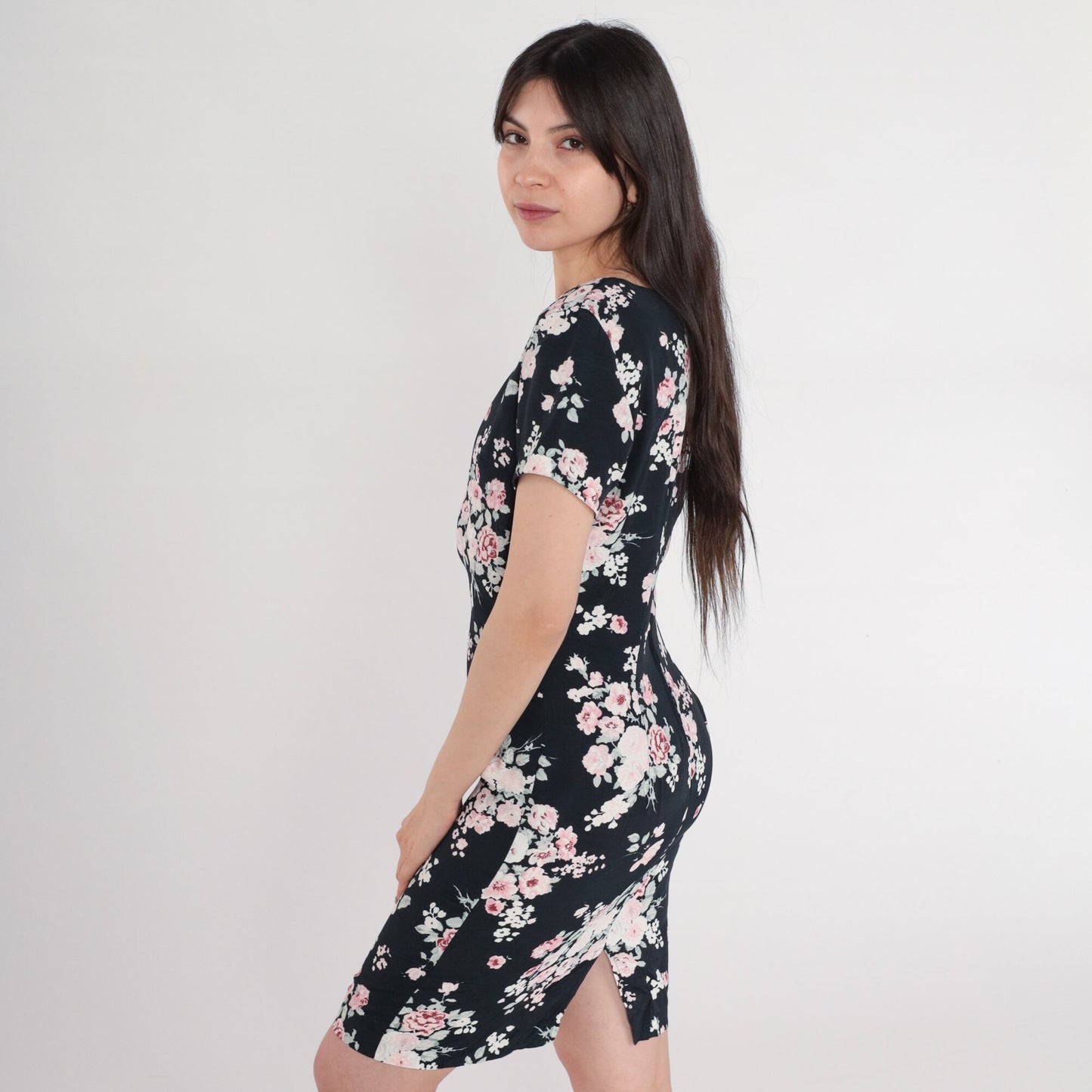 90s All That Jazz Floral Mini Dress Black Bodycon Short Sleeve Small