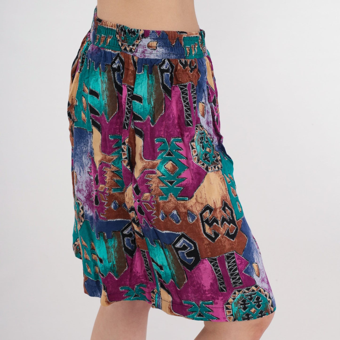 90s Abstract Geometric Print High-Waist Shorts Wide Leg Pink Green Medium Large