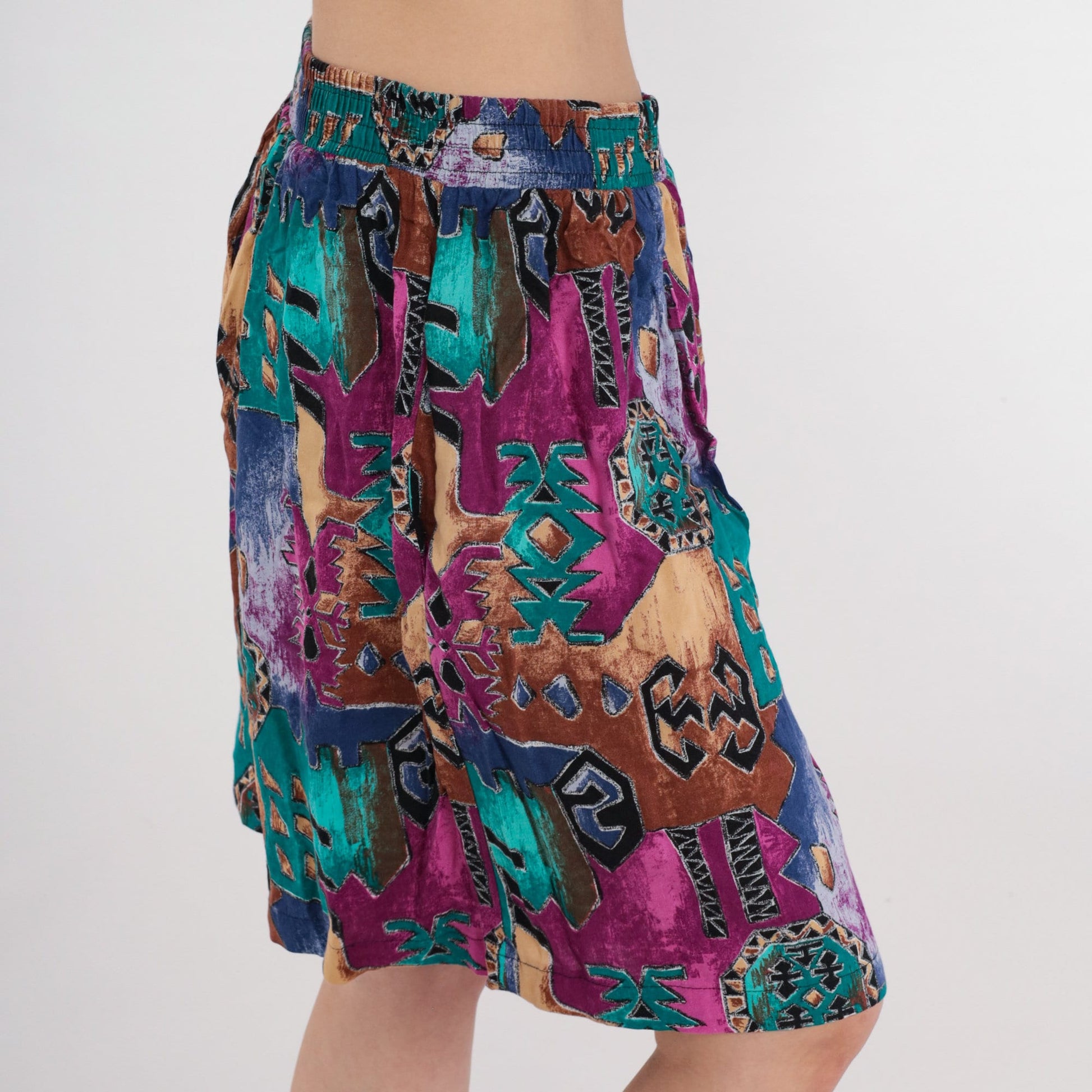 90s Abstract Geometric Print High-Waist Shorts Wide Leg Pink Green Medium Large
