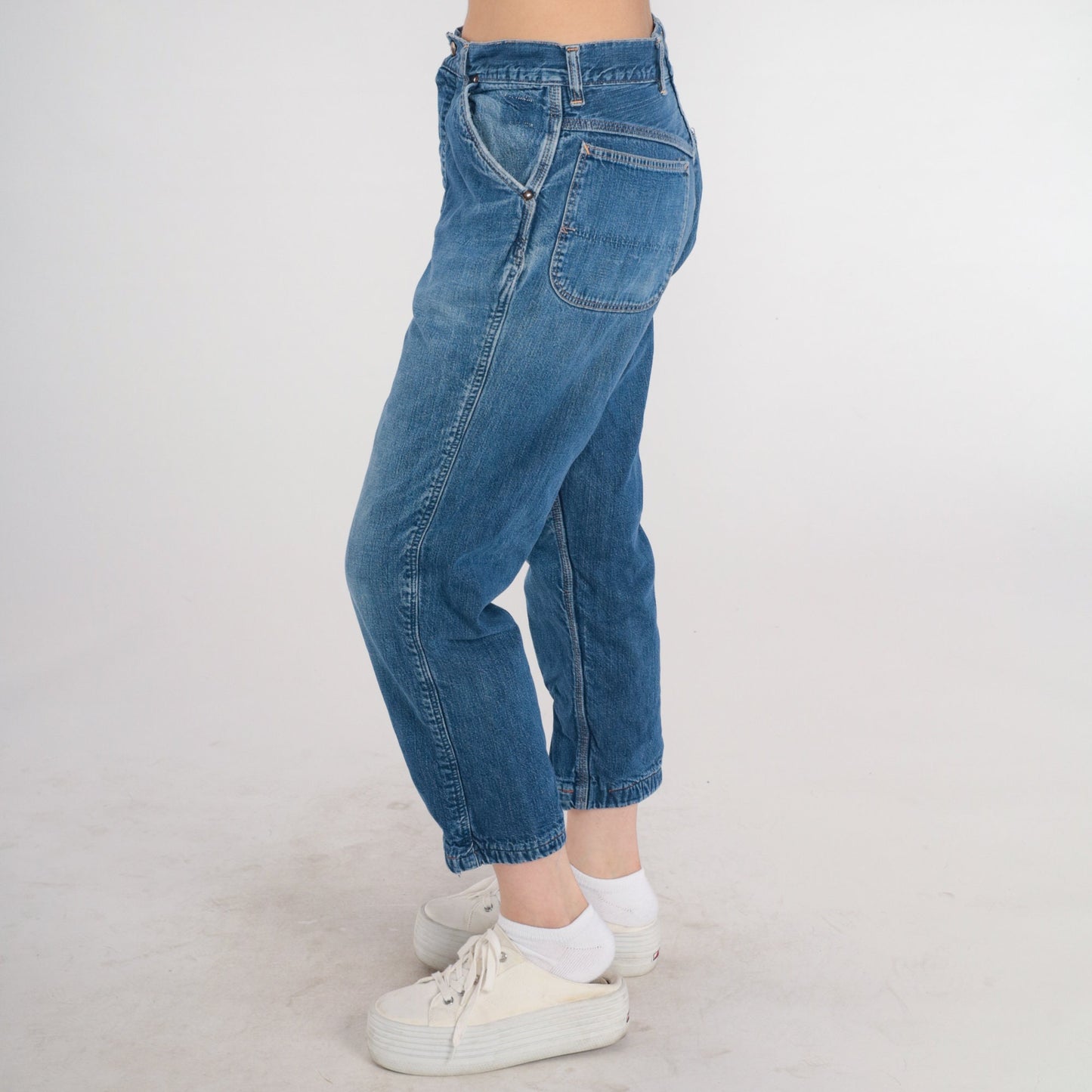 70s High Waist Tapered Ankle Jeans Blue Denim Elastic Cuff Medium M