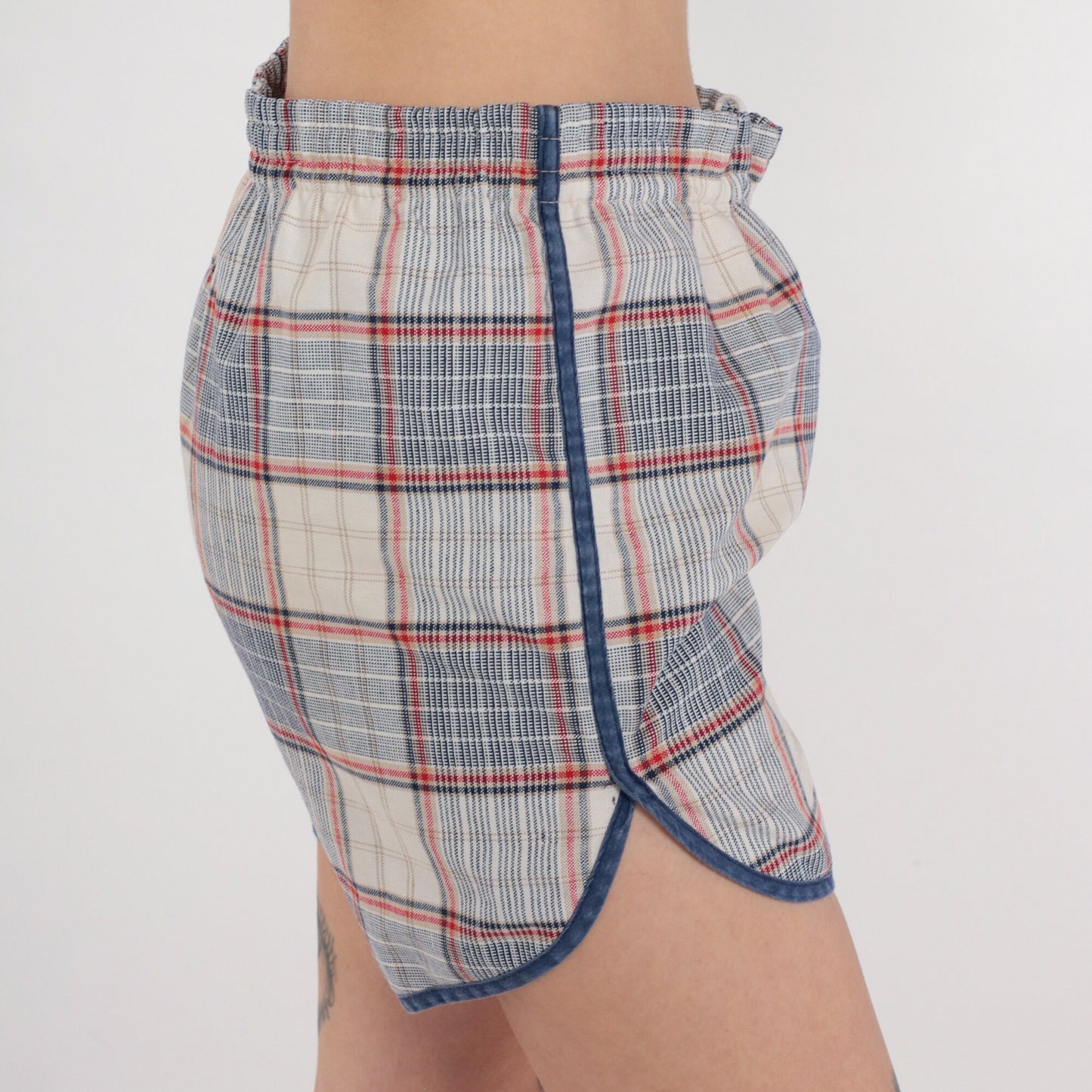 90s Plaid Swim Shorts Drawstring Board Shorts Lined Dolphin Cut Large L