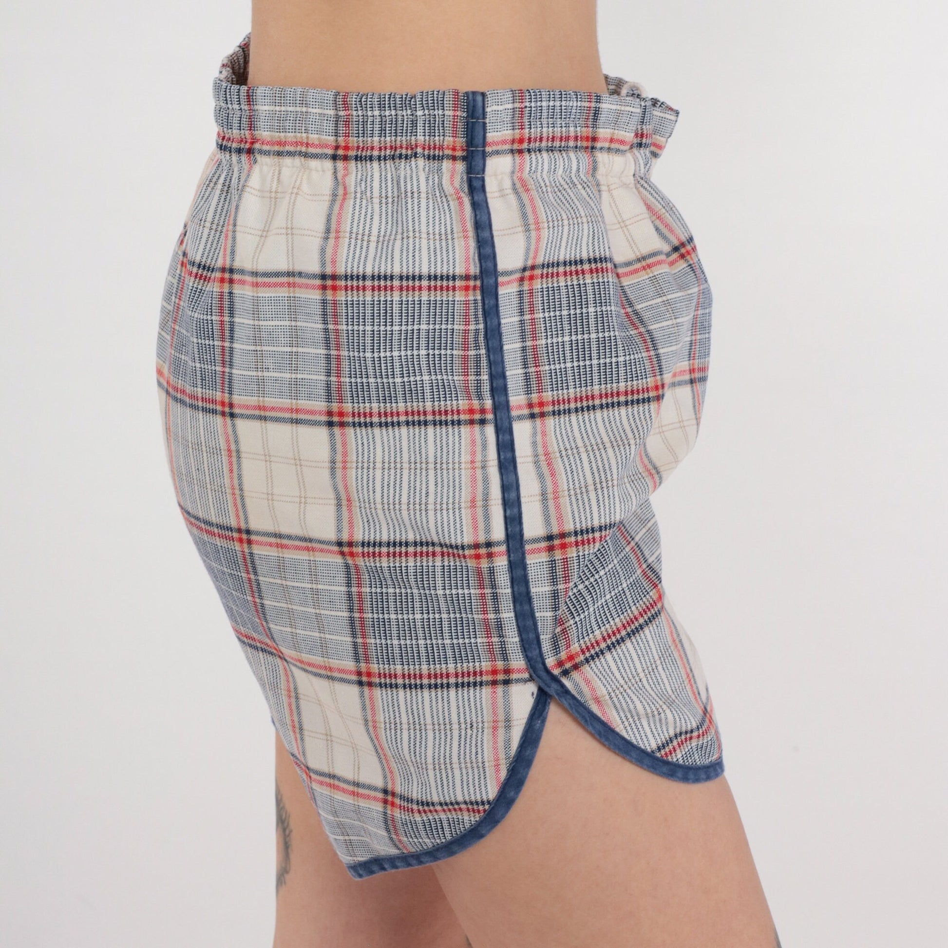 90s Plaid Swim Shorts Drawstring Board Shorts Lined Dolphin Cut Large L