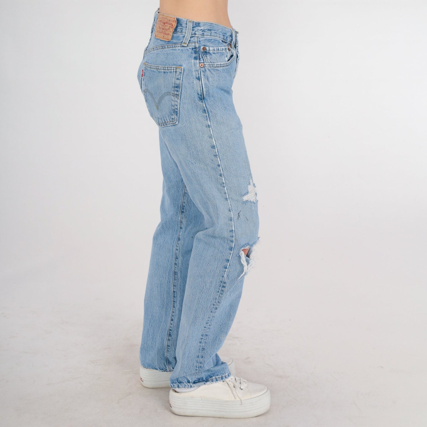 00s Levi's 501 Straight Leg Jeans Blue Denim Ripped Knees 32x34