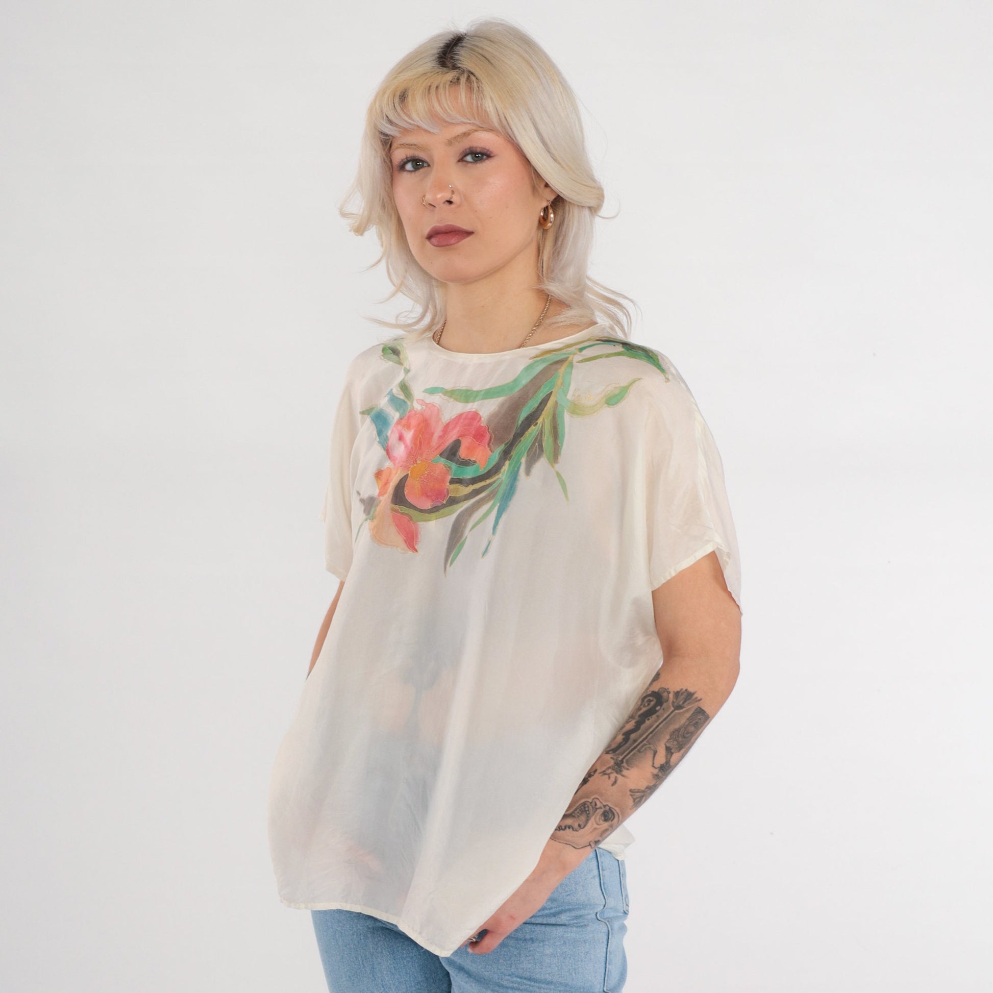 80s Iris Flower Silk Blouse Cream Semi-Sheer Short Sleeve Shirt Large