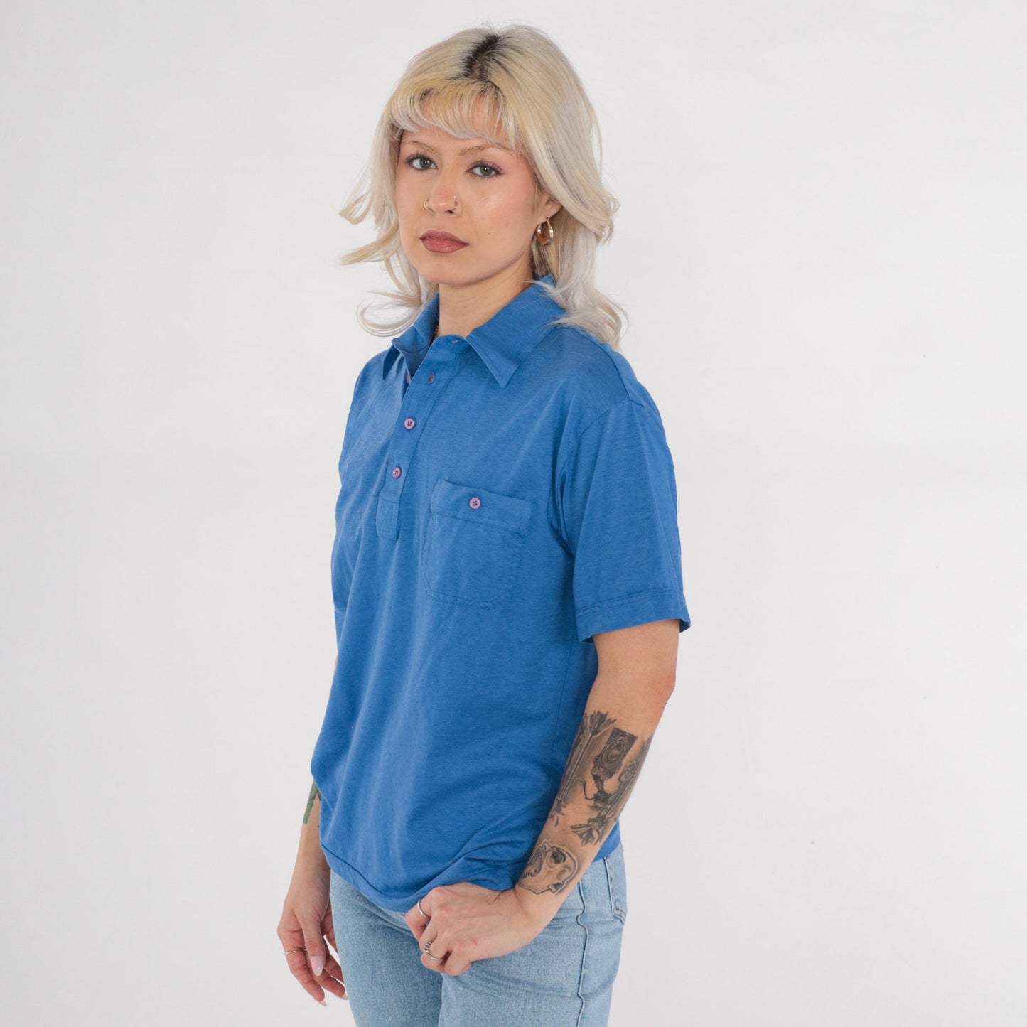 80s Blue Polo Shirt Cotton Button-Up Short Sleeve Collared Medium