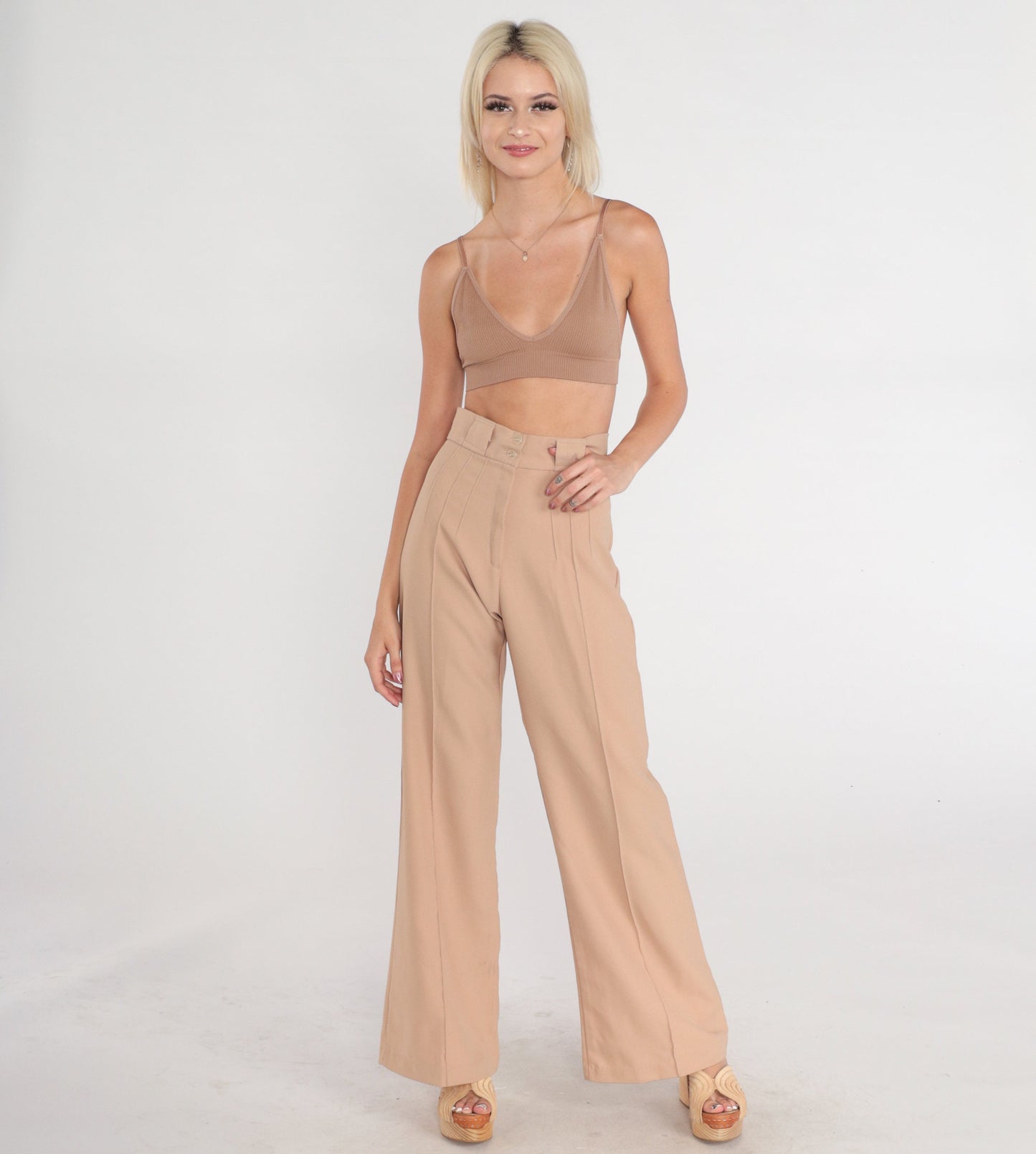 70s Tan Wide Leg High Rise Trousers Creased Straight Pants Extra Small