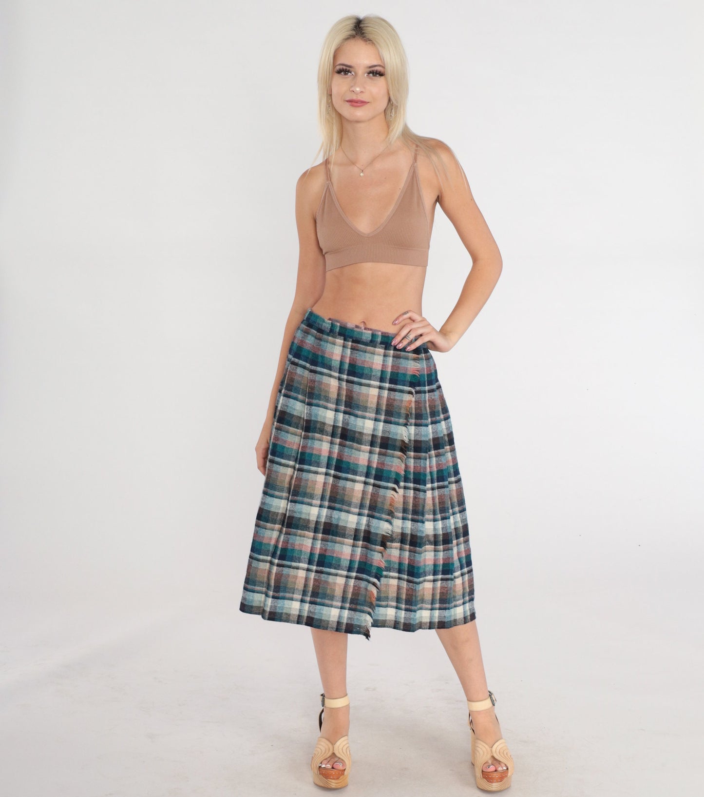 80s Plaid Wool Blend Midi Skirt High Waist Pleated Blue Green Small