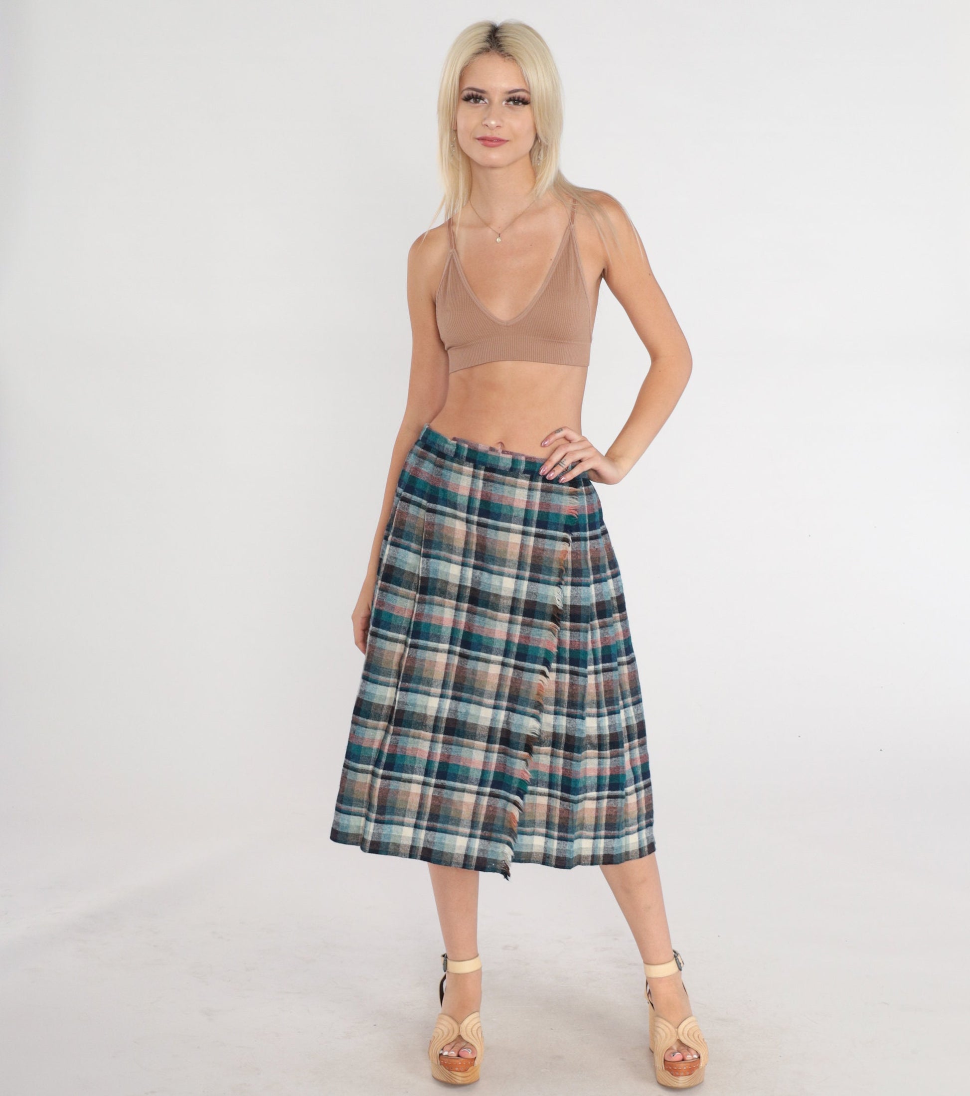 80s Plaid Wool Blend Midi Skirt High Waist Pleated Blue Green Small