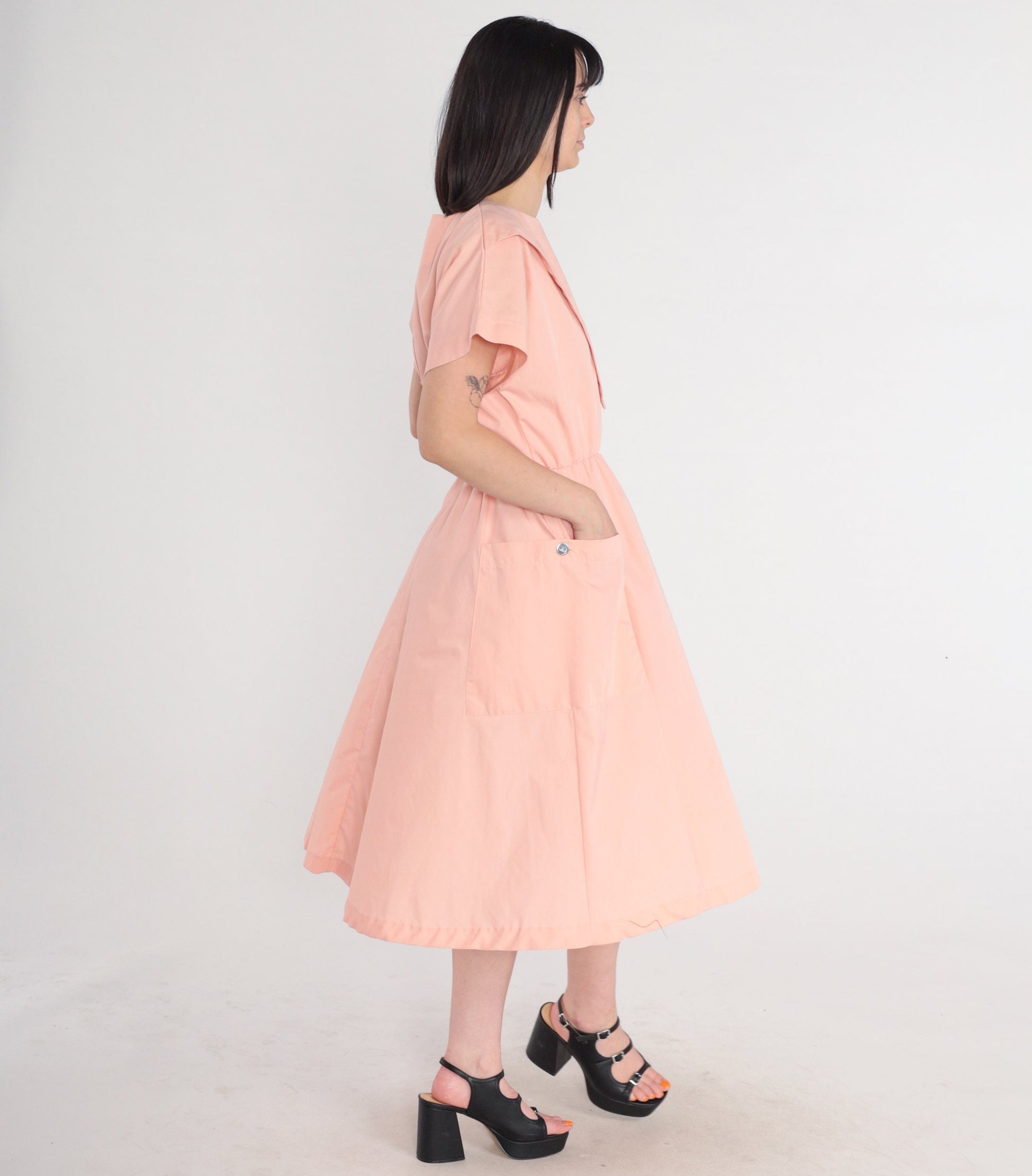 80s Pink Midi Dress High Waist Short Sleeve Pockets Medium M