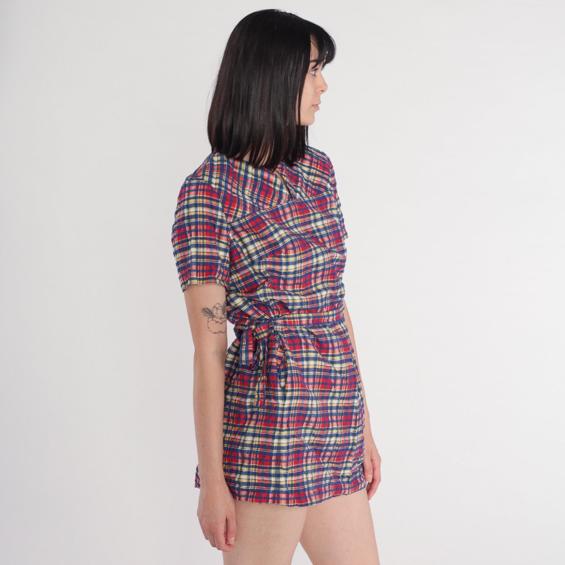 60s Plaid Mini Dress High Waisted Mod Red Blue Checkered Medium M