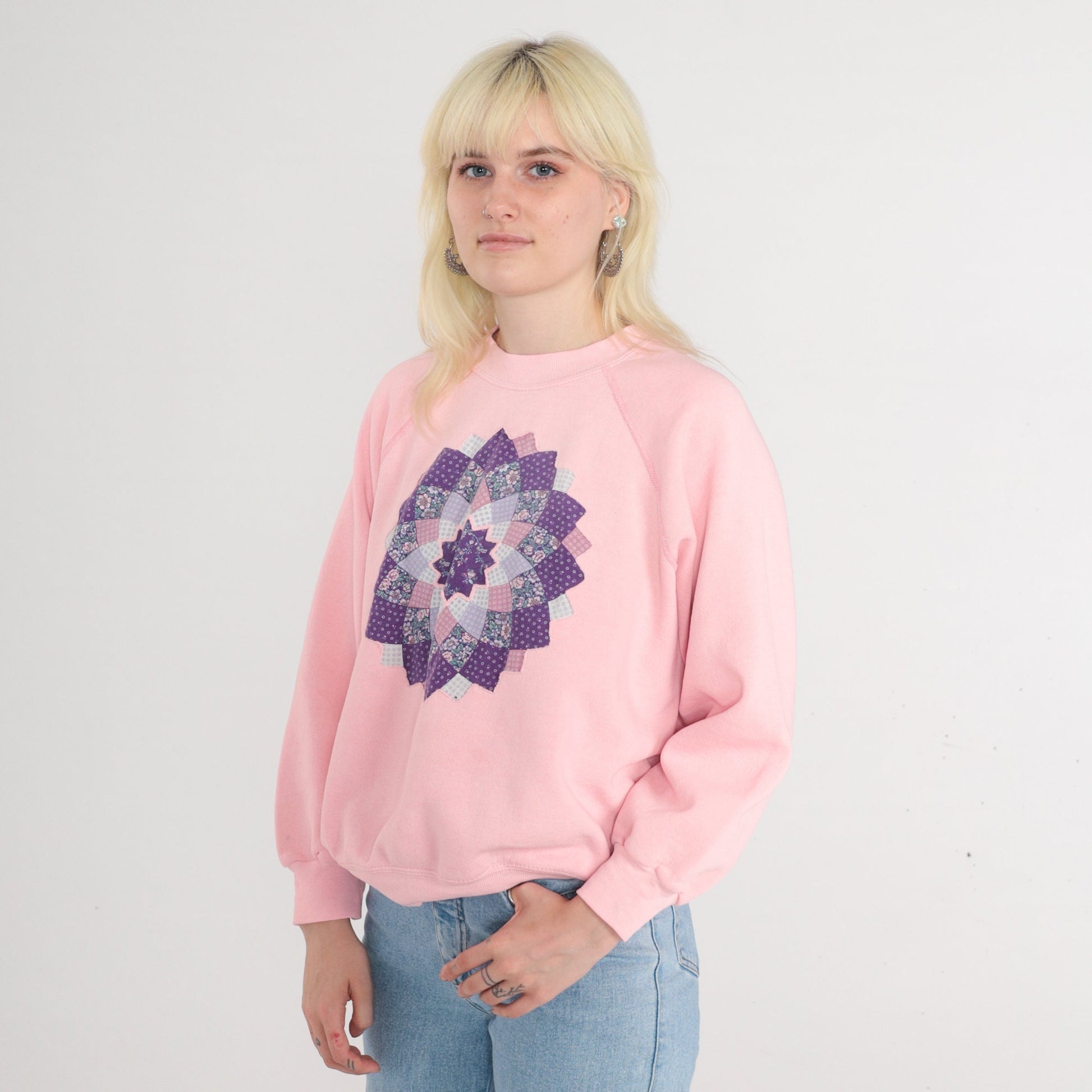 80s Quilted Floral Mandala Sweatshirt Baby Pink Raglan Crewneck Large