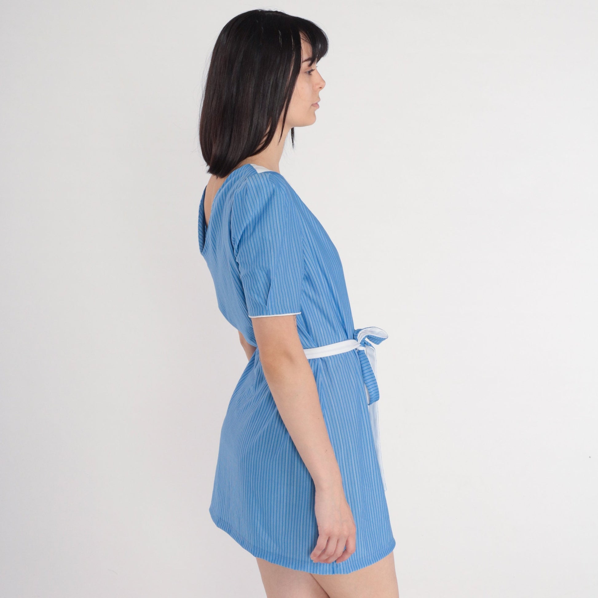 80s Blue Striped Mini Dress Puff Sleeve White Bib Tie Belt Medium