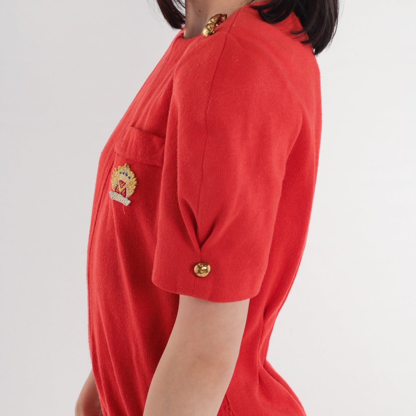 80s Leslie Fay Red Mini Dress Puff Sleeve Gold Buttons Sparkly Crest Patch Large