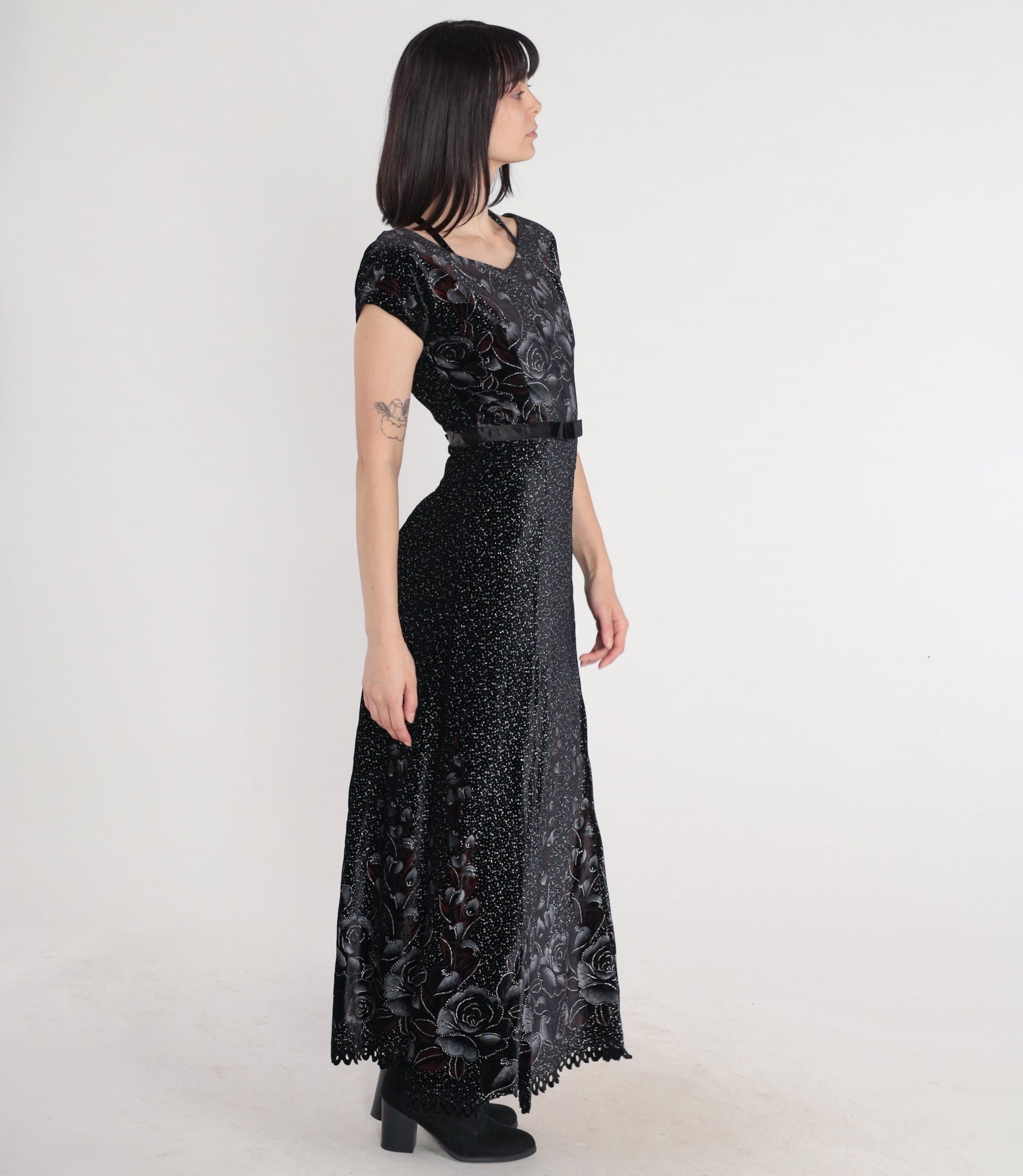 80s Black Velvet Maxi Dress Sparkly Floral Rose Print High Waisted Small