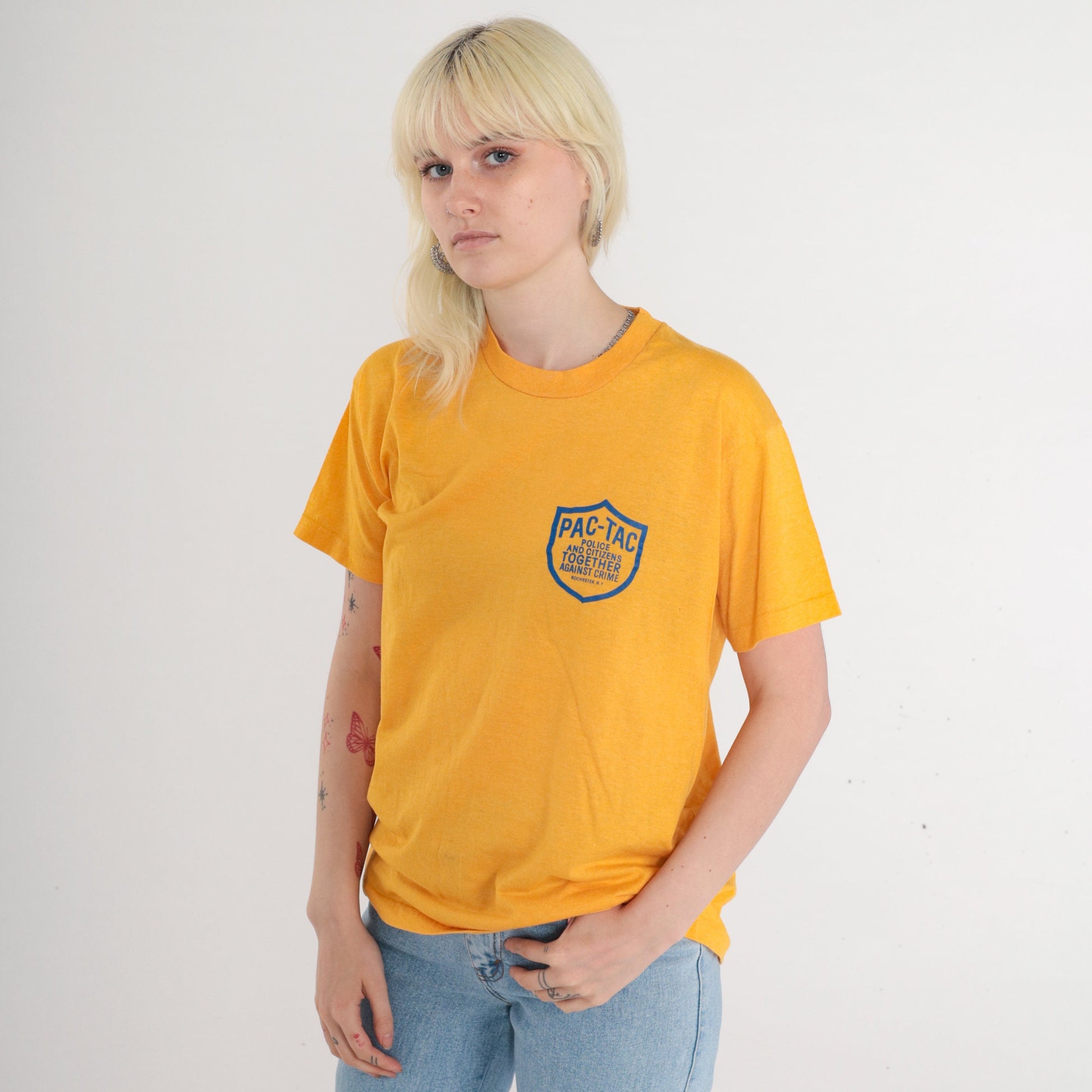 80s Rochester PAC-TAC Police Graphic T-Shirt Yellow Single Stitch Medium