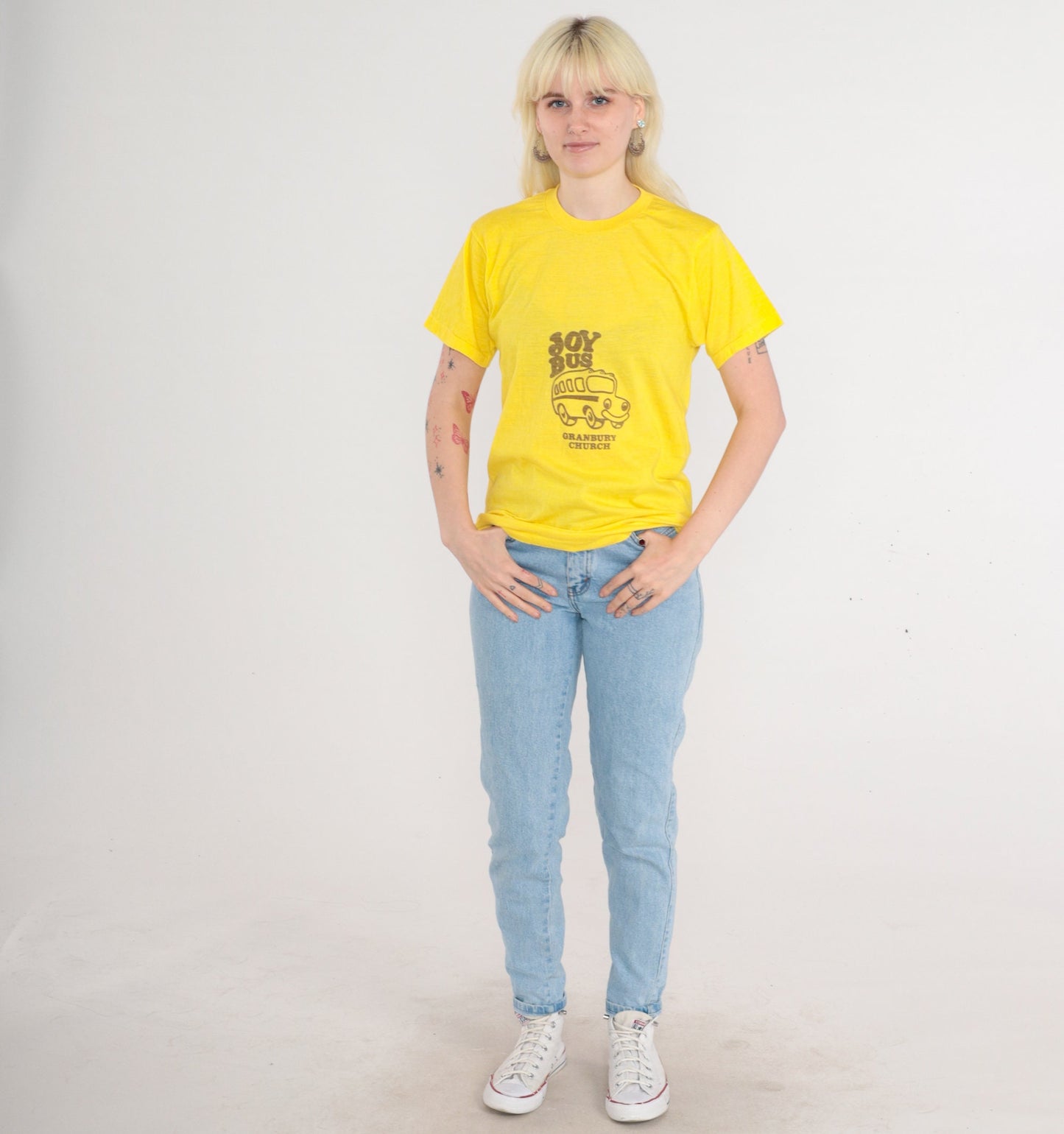 80s Granbury Church Joy Bus Graphic T-Shirt Yellow Christian Tee Medium