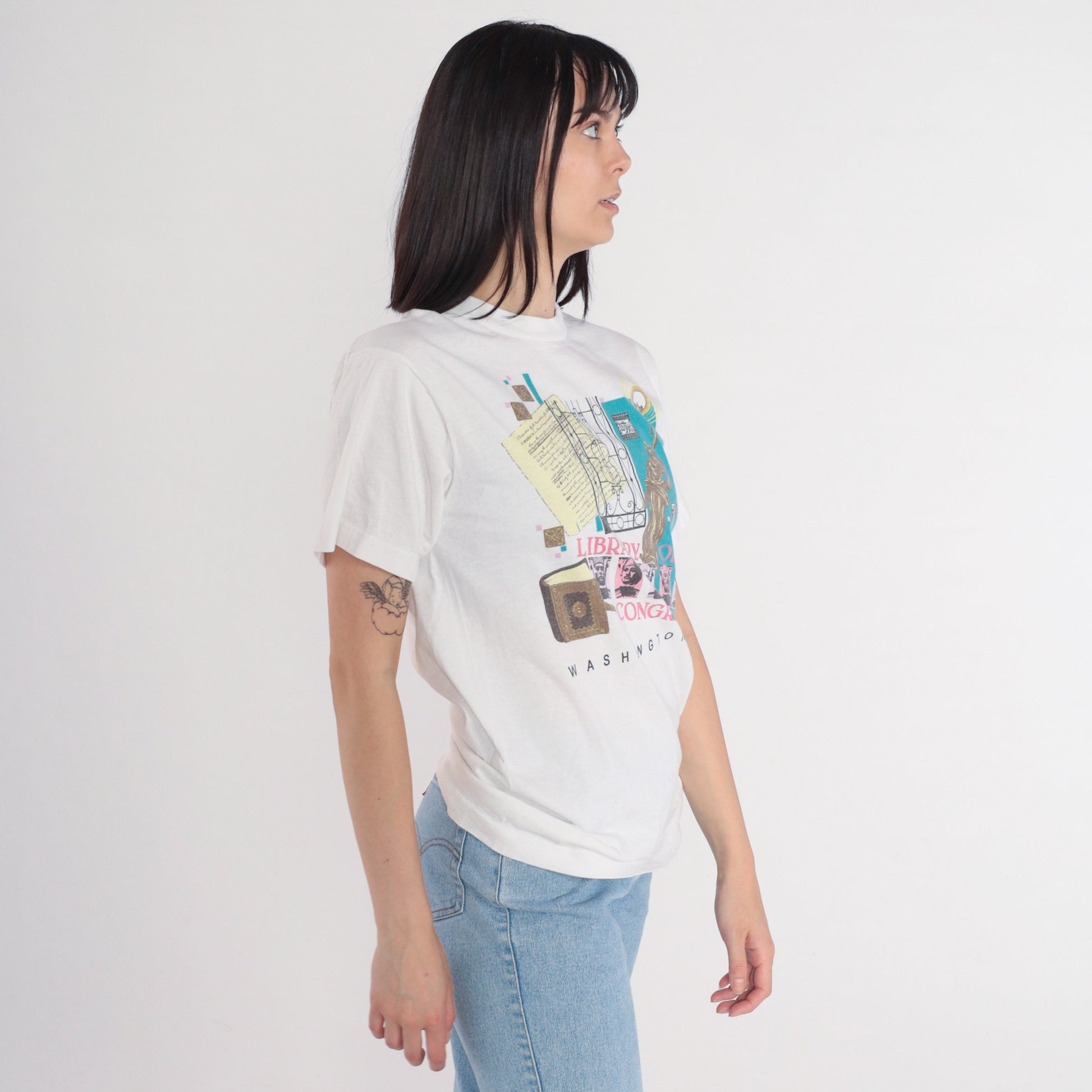 90s Library of Congress Washington DC Graphic Tee White Cotton Medium M