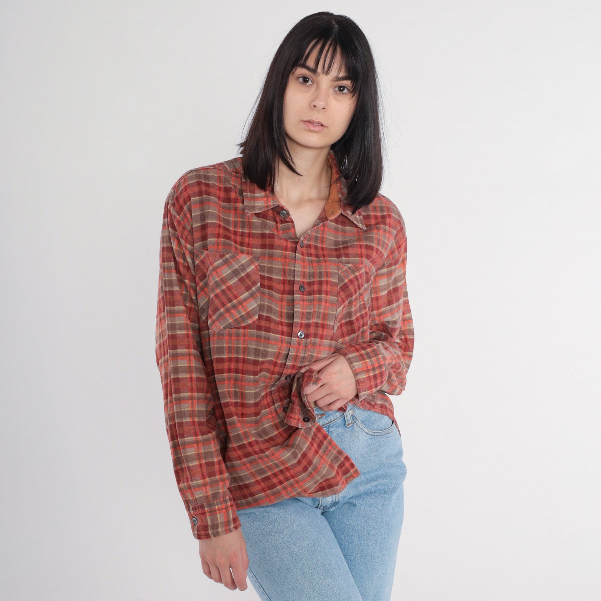 90s Haband Red Plaid Flannel Button-Up Shirt Long Sleeve Large
