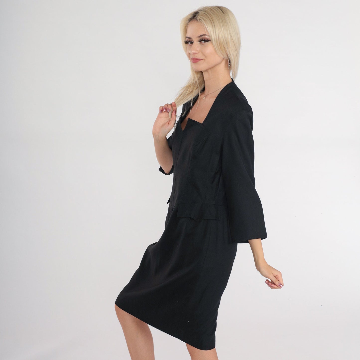 90s Black Sheath Dress Long Sleeve High Waist Knee Length Medium