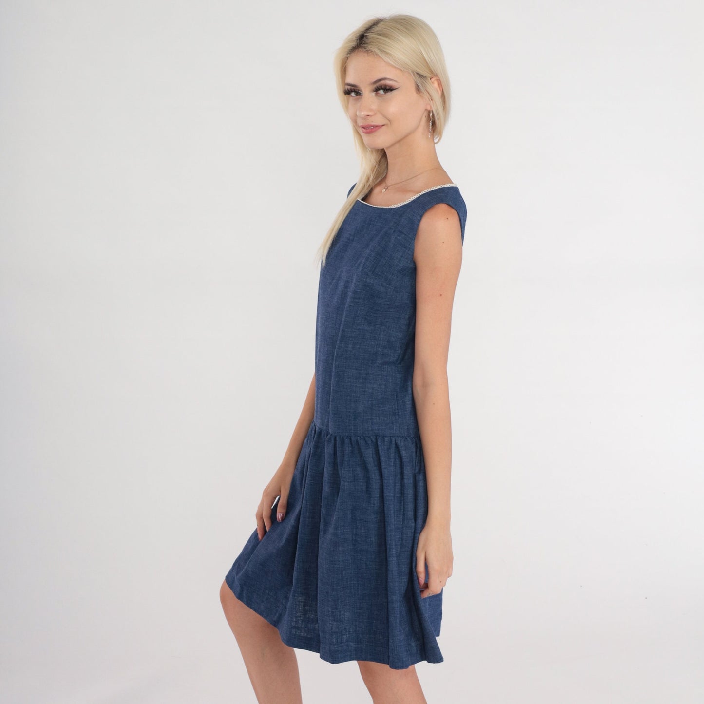 60s Mod Dark Blue Cotton Mini Shift Dress Drop Waist Sleeveless Extra Small