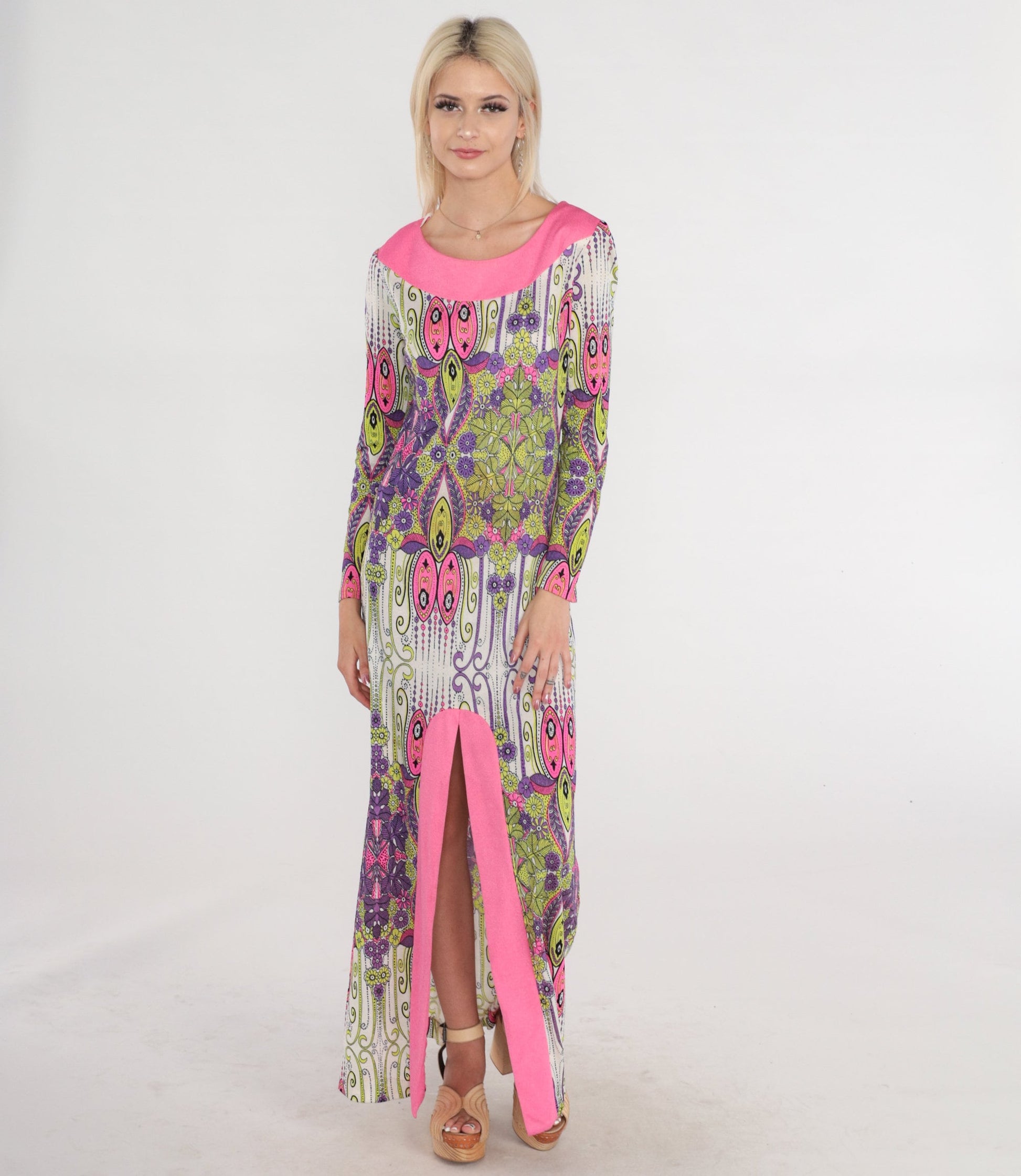 1970s Psychedelic Floral Maxi Dress Long Sleeve Hot Pink Lime Green Small