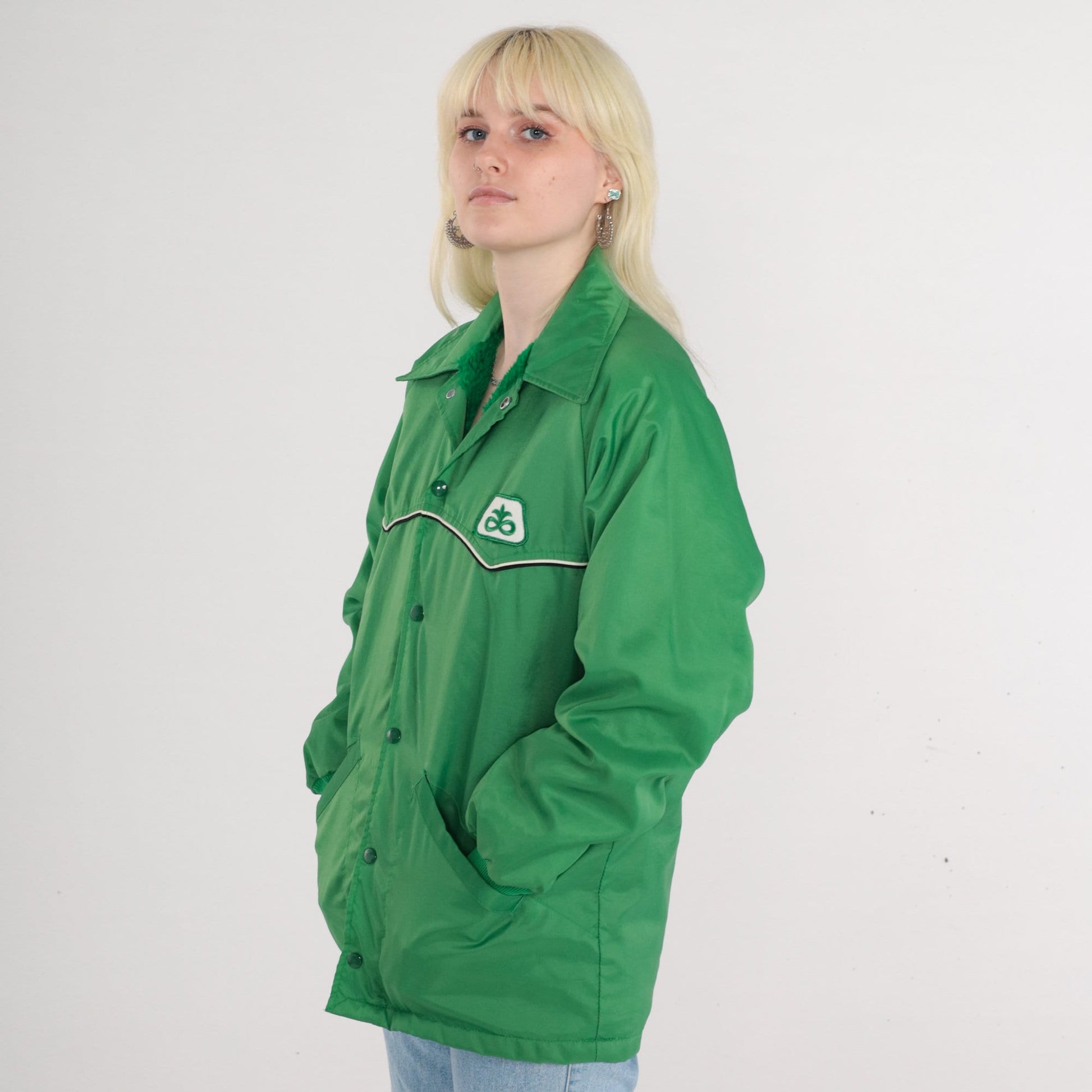 70s Green Windbreaker Jacket Faux Fur Lined Snap Fleur De Lis Medium