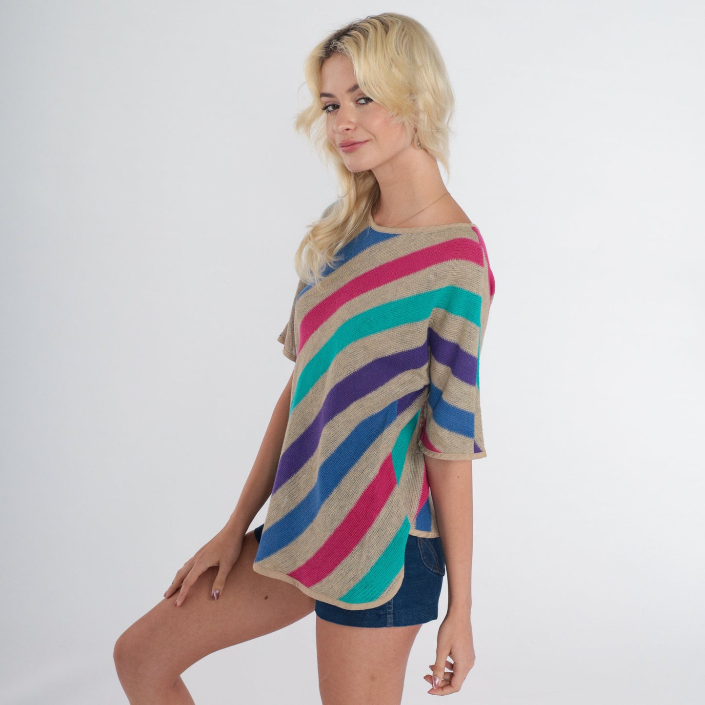 80s Striped Woven Blouse Half Sleeve Cotton Top Multicolor Small S