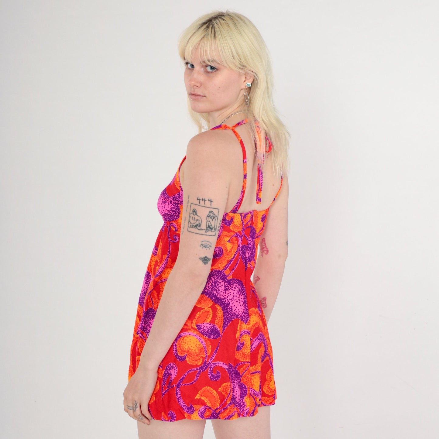 70s Halter Mini Dress Abstract Print Neon Red Empire Waist Sleeveless Extra Small