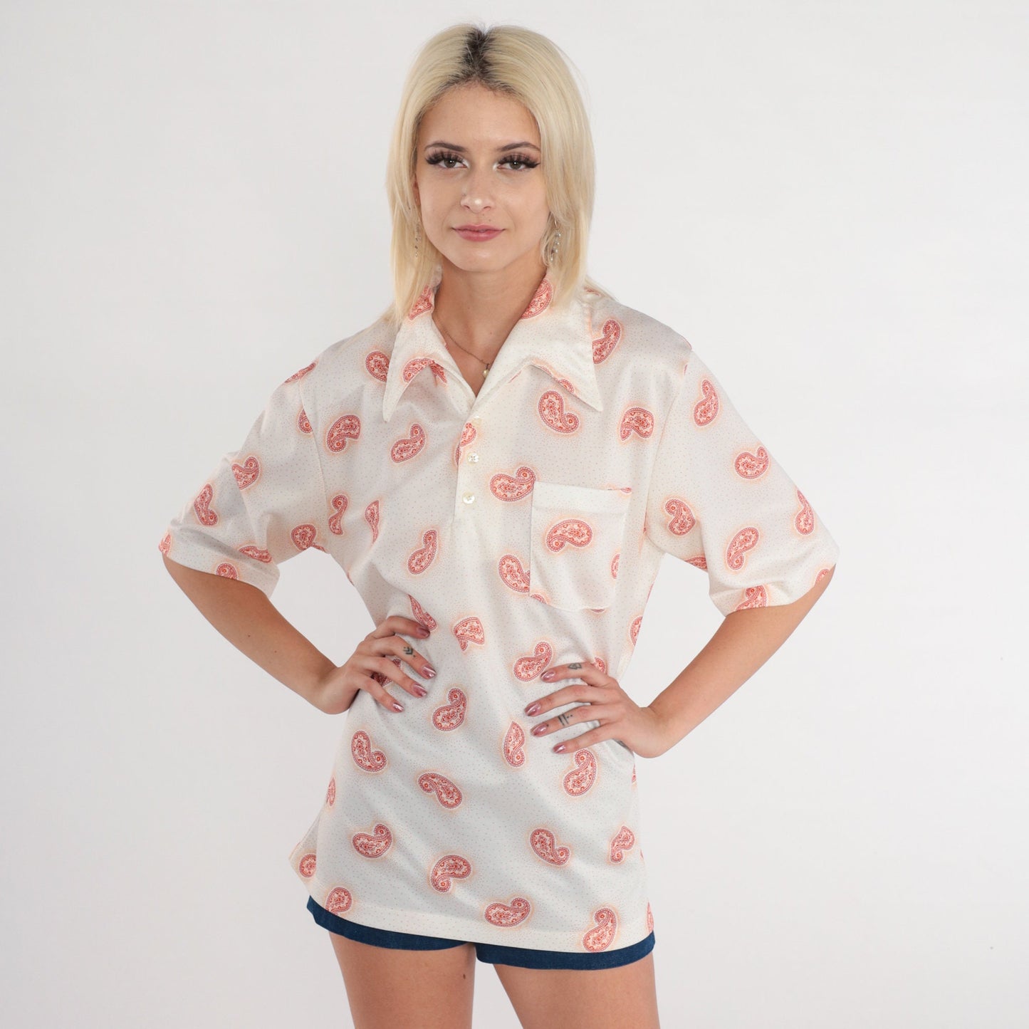 70s Jantzen Paisley Button-Up Shirt White Psychedelic Polo Men's Medium