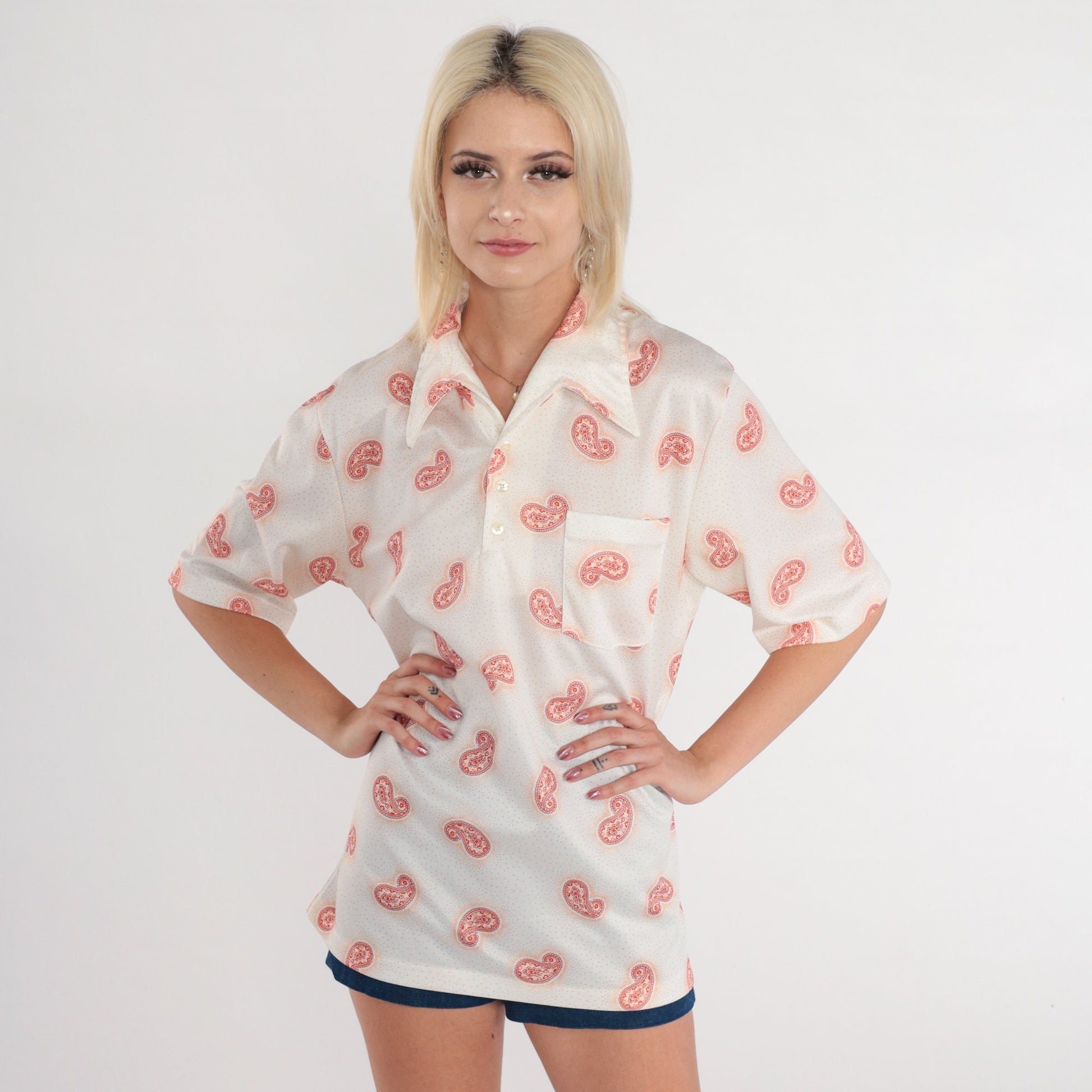 70s Jantzen Paisley Button-Up Shirt White Psychedelic Polo Men's Medium