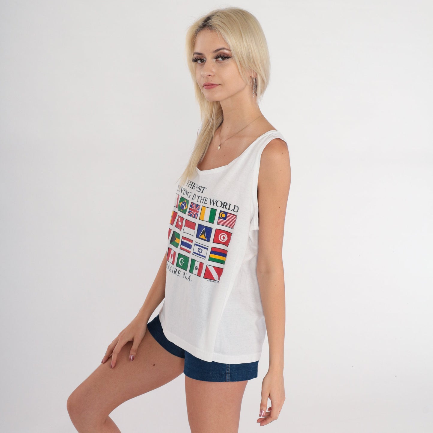 90s Bonaire Scuba Diving Flag Tank Top White Graphic Tee Large L